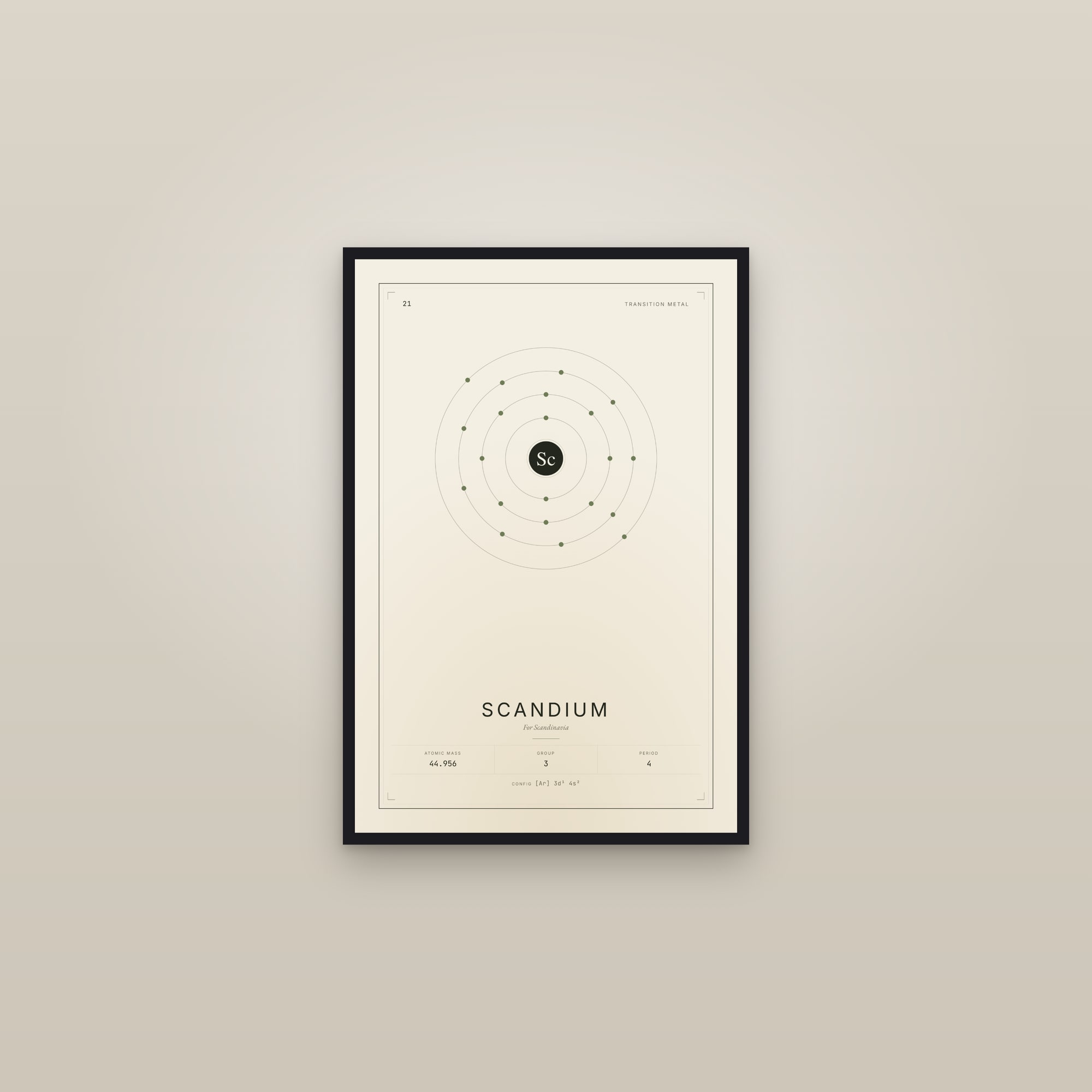 Scandium — Element No. 21 — framed in a gallery setting