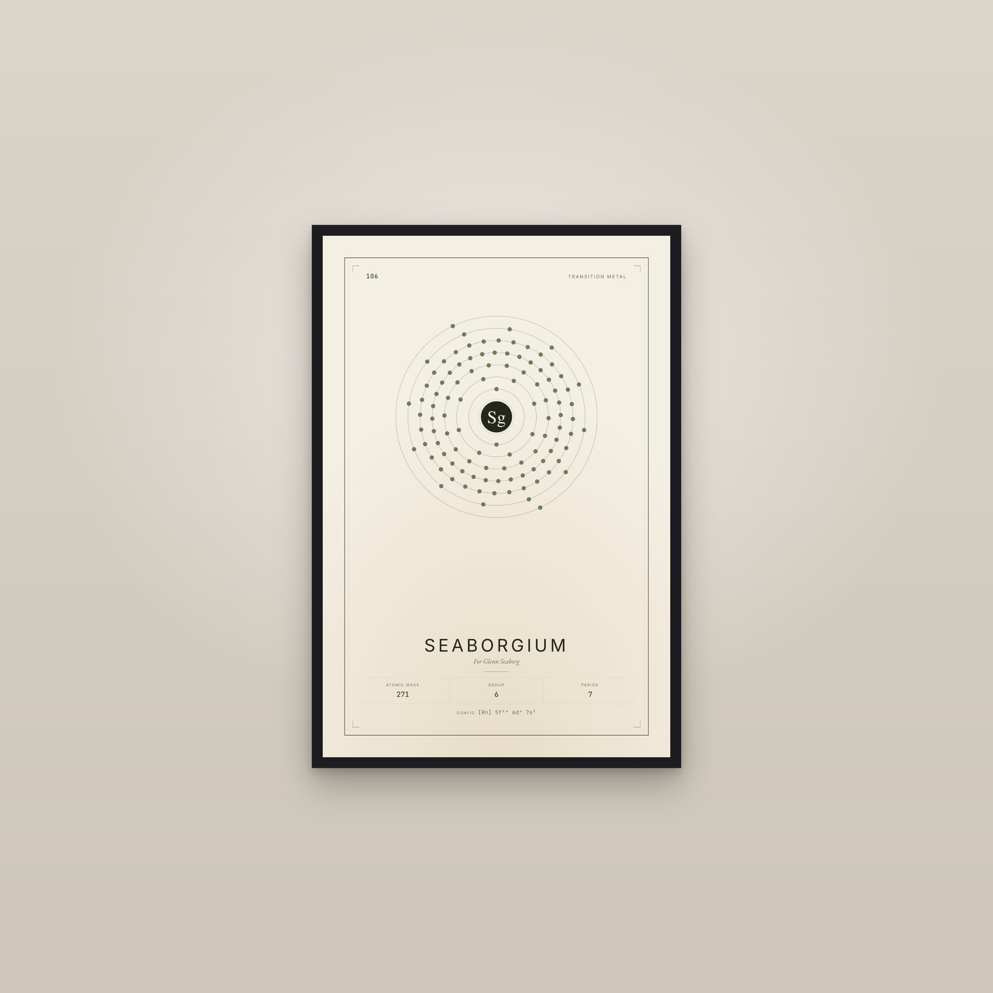 Seaborgium — Element No. 106 — framed in a gallery setting