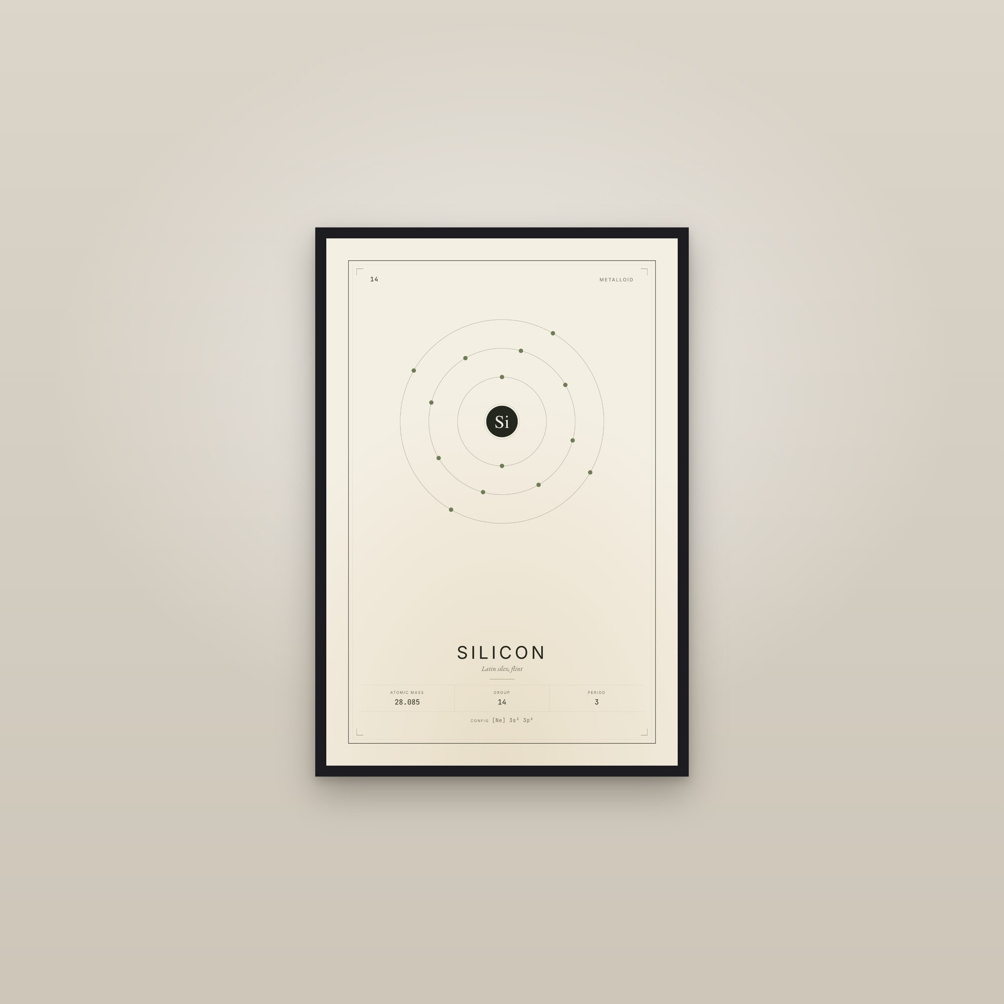 Silicon — Element No. 14 — framed in a gallery setting