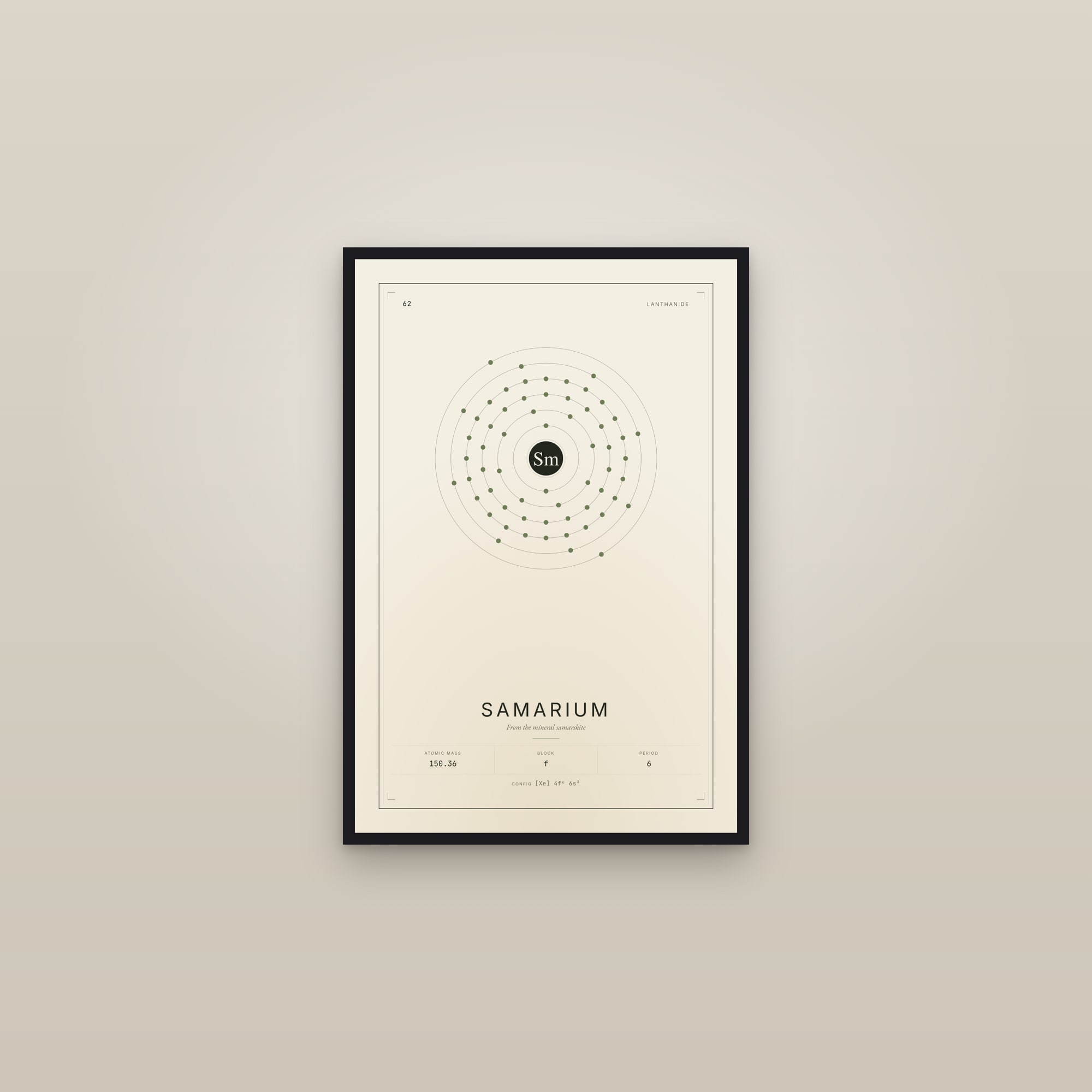 Samarium — Element No. 62 — framed in a gallery setting