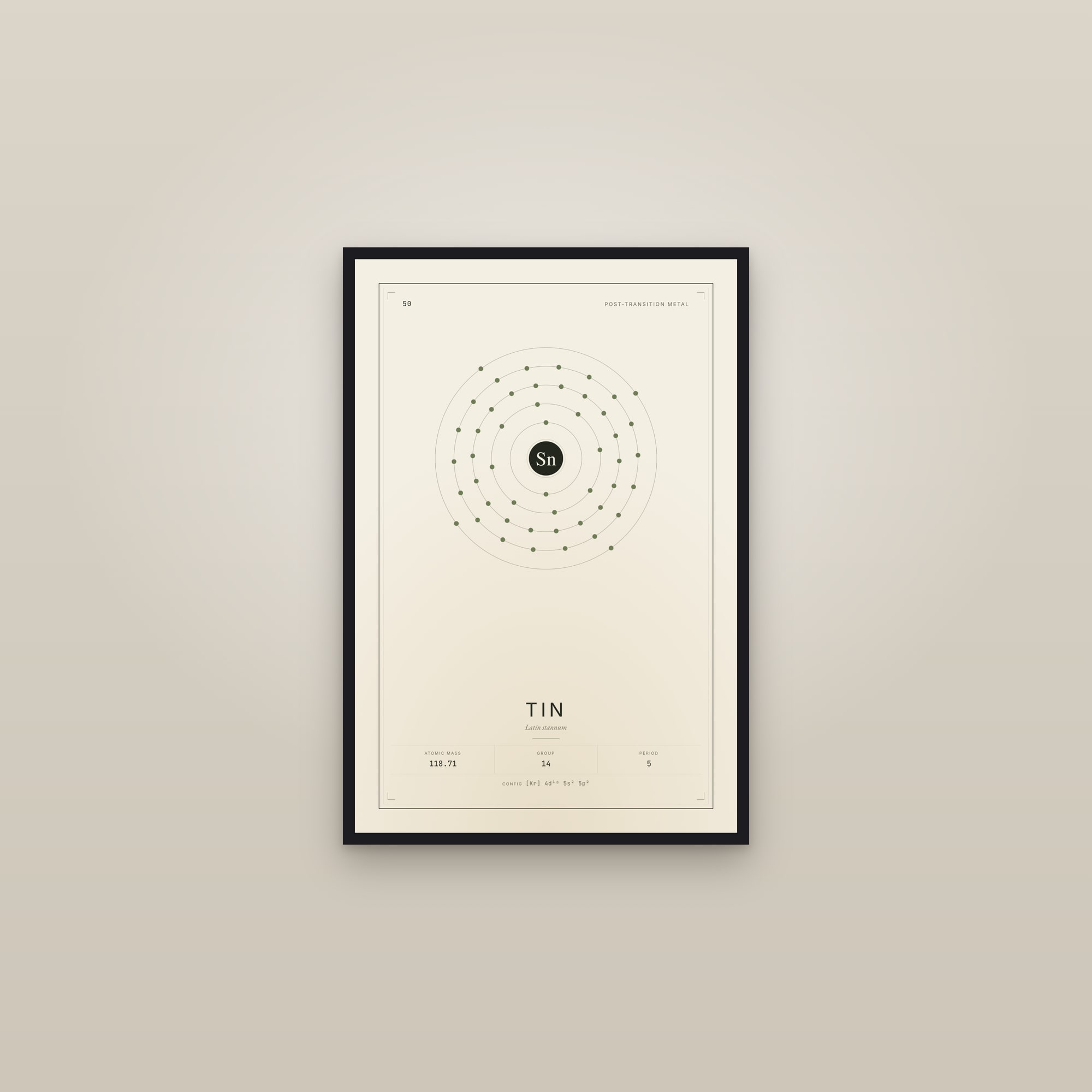 Tin — Element No. 50 — framed in a gallery setting