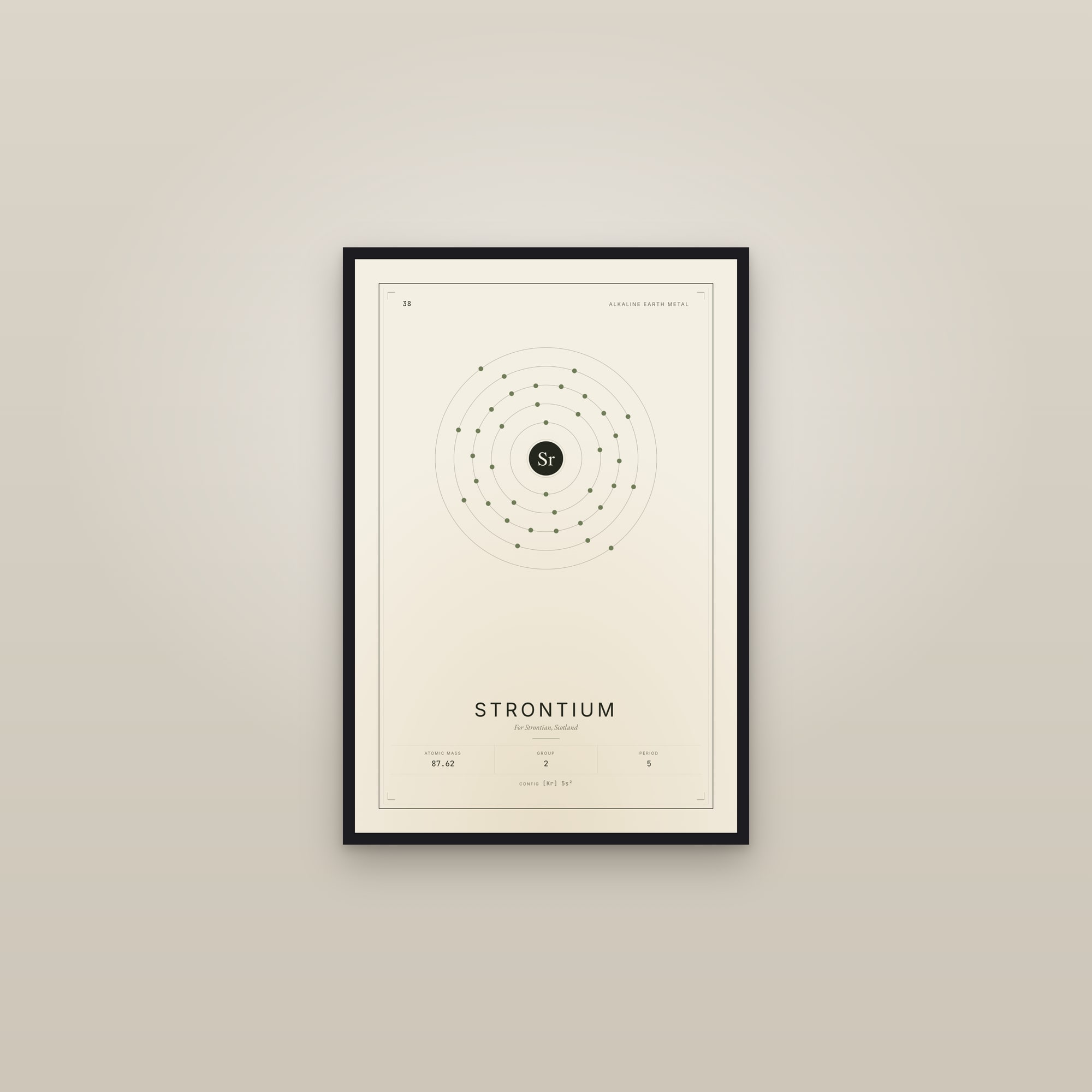 Strontium — Element No. 38 — framed in a gallery setting