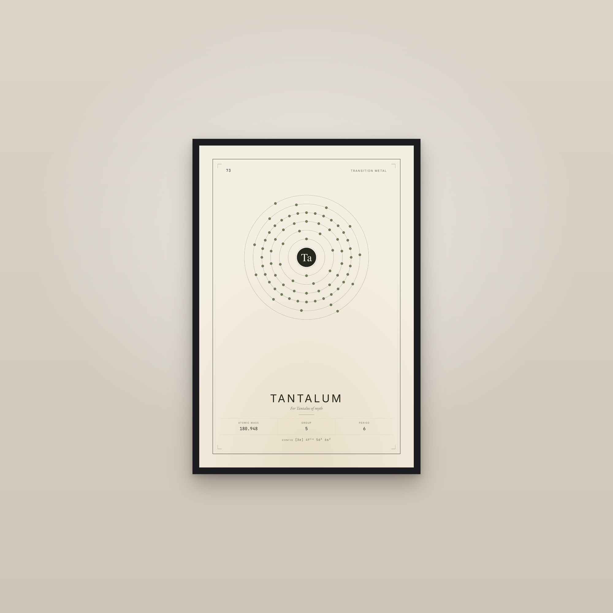 Tantalum — Element No. 73 — framed in a gallery setting