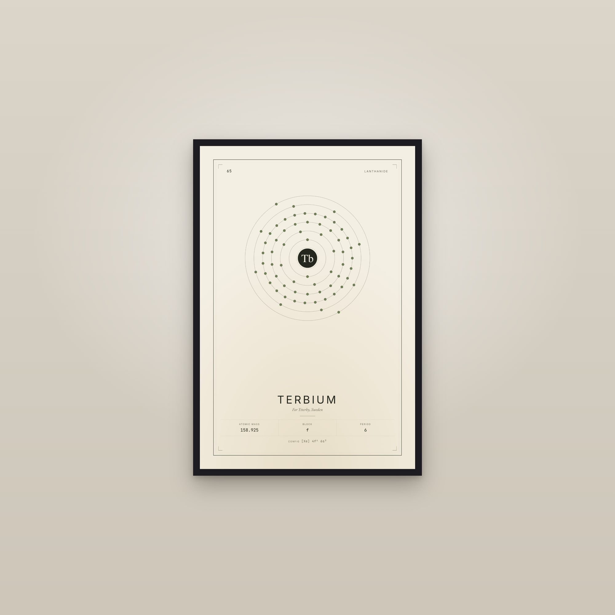Terbium — Element No. 65 — framed in a gallery setting