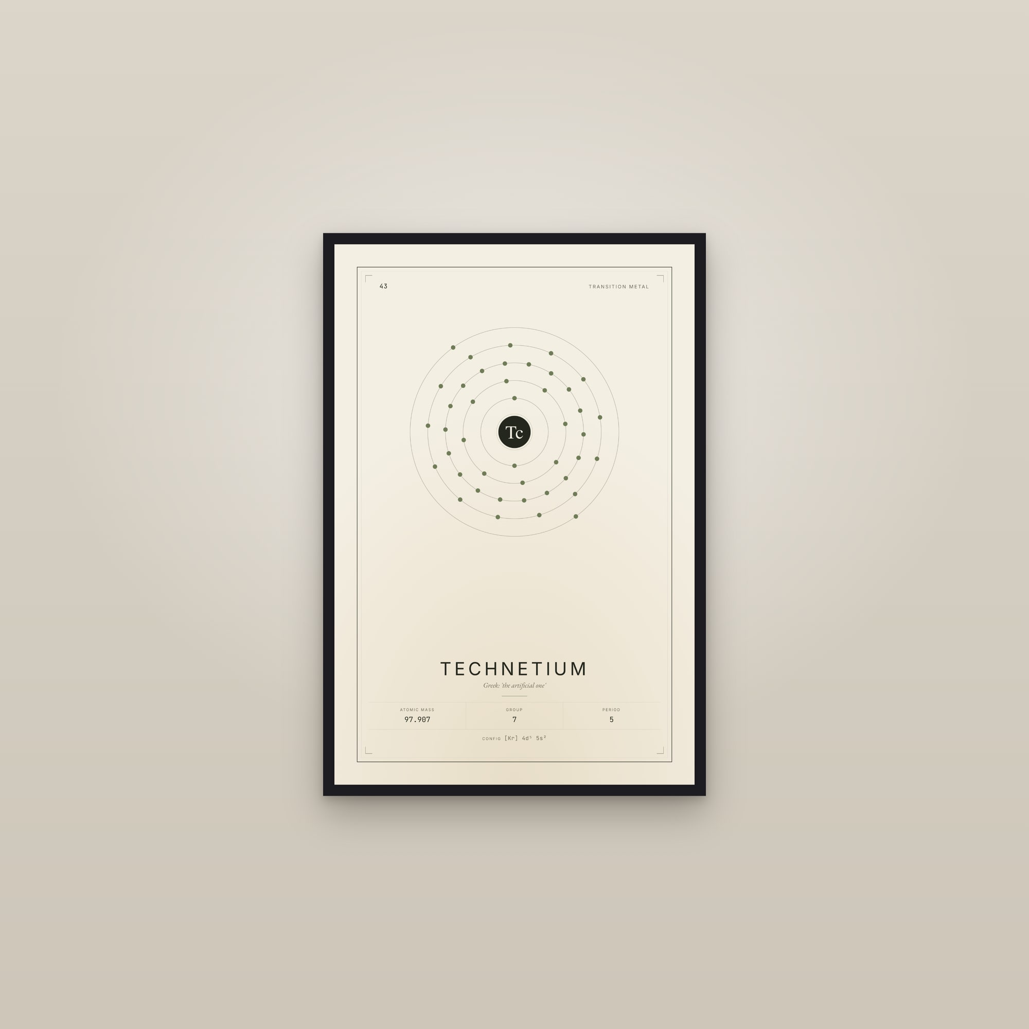 Technetium — Element No. 43 — framed in a gallery setting