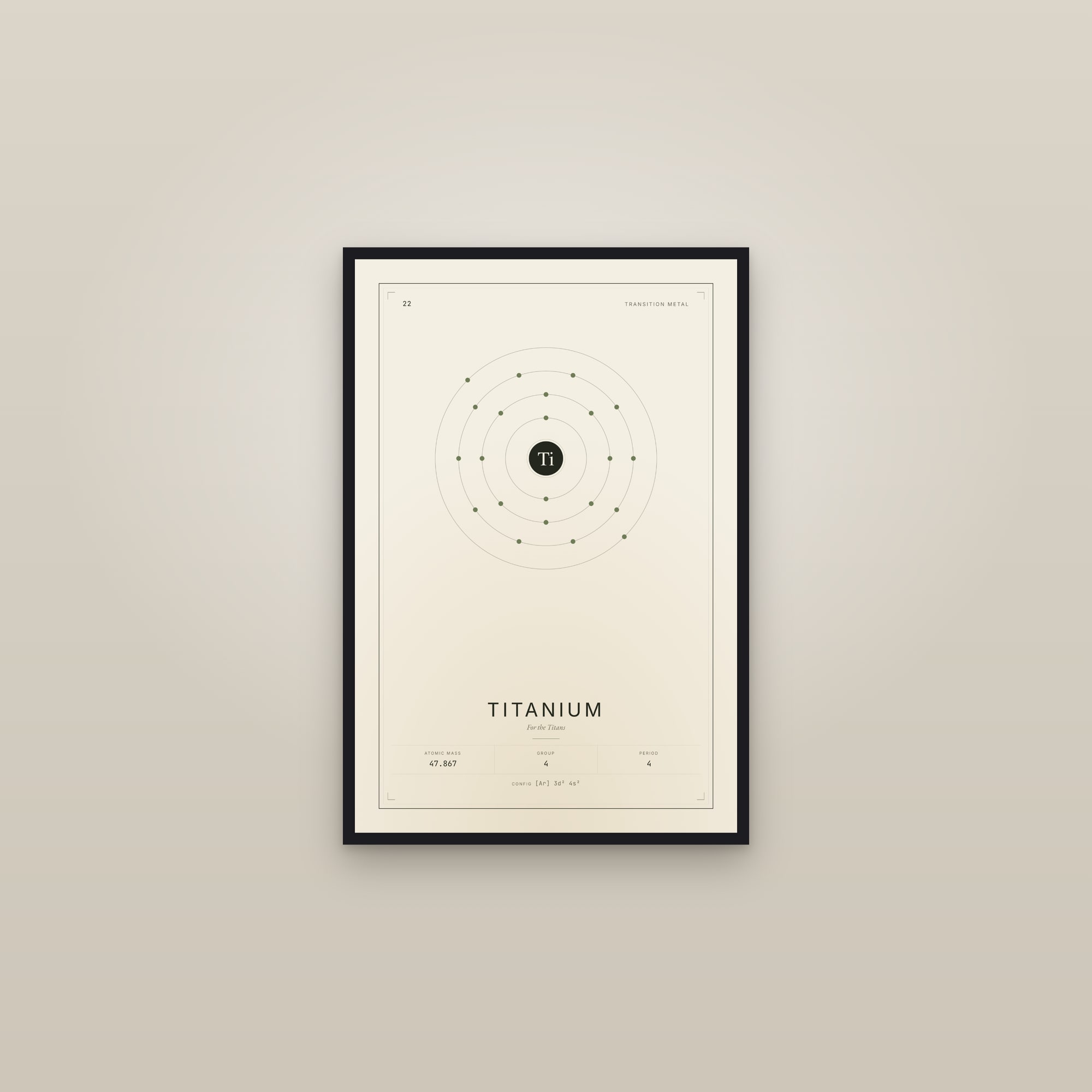 Titanium — Element No. 22 — framed in a gallery setting