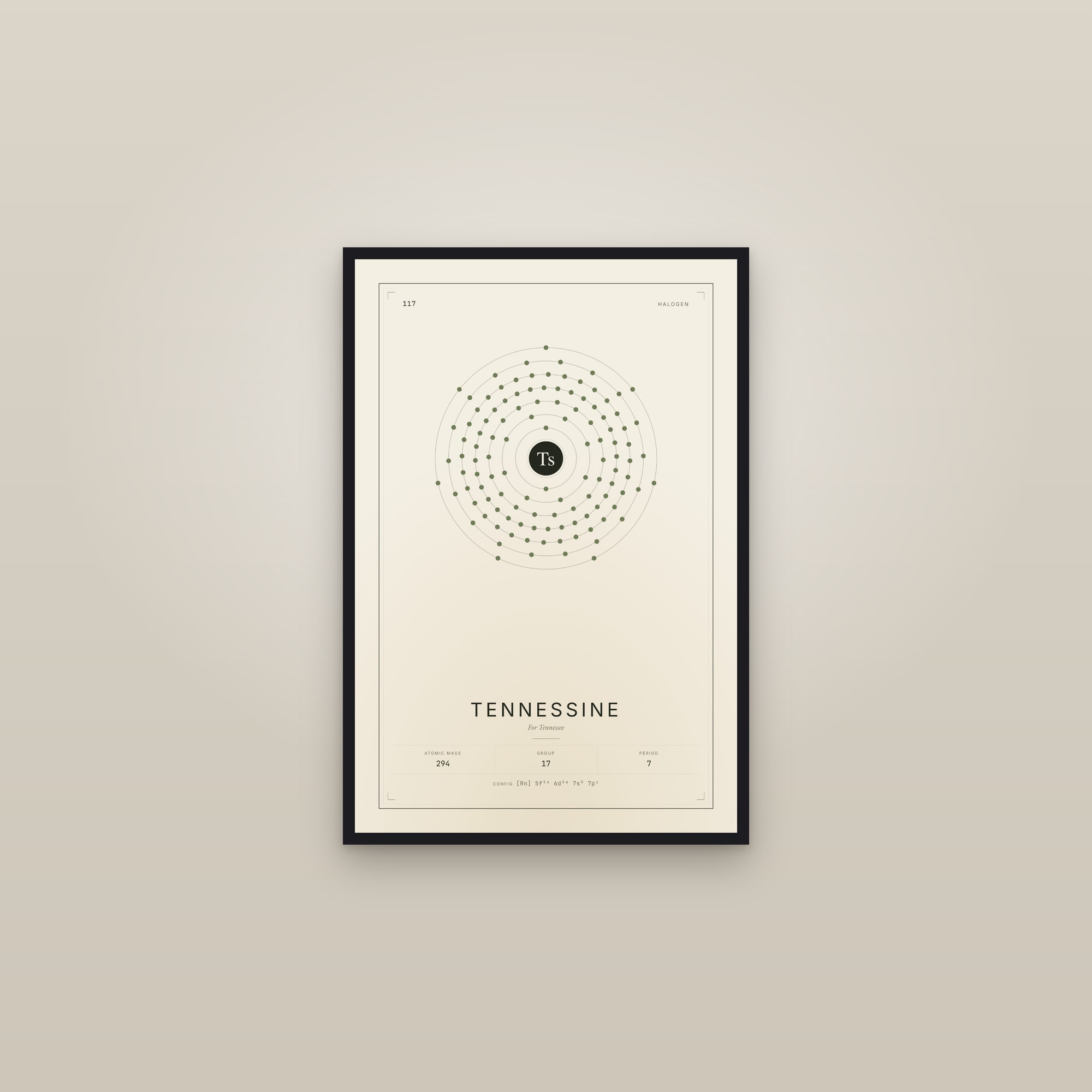 Tennessine — Element No. 117 — framed in a gallery setting