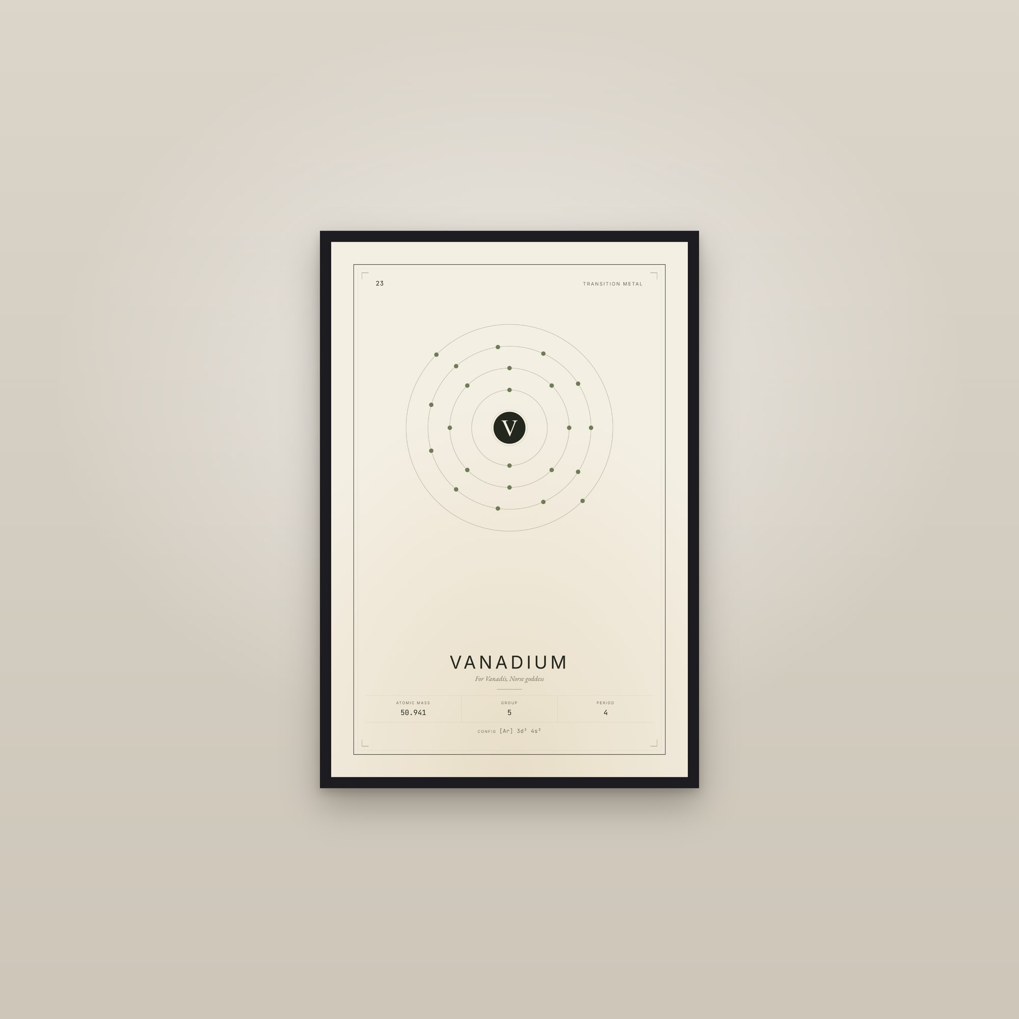 Vanadium — Element No. 23 — framed in a gallery setting