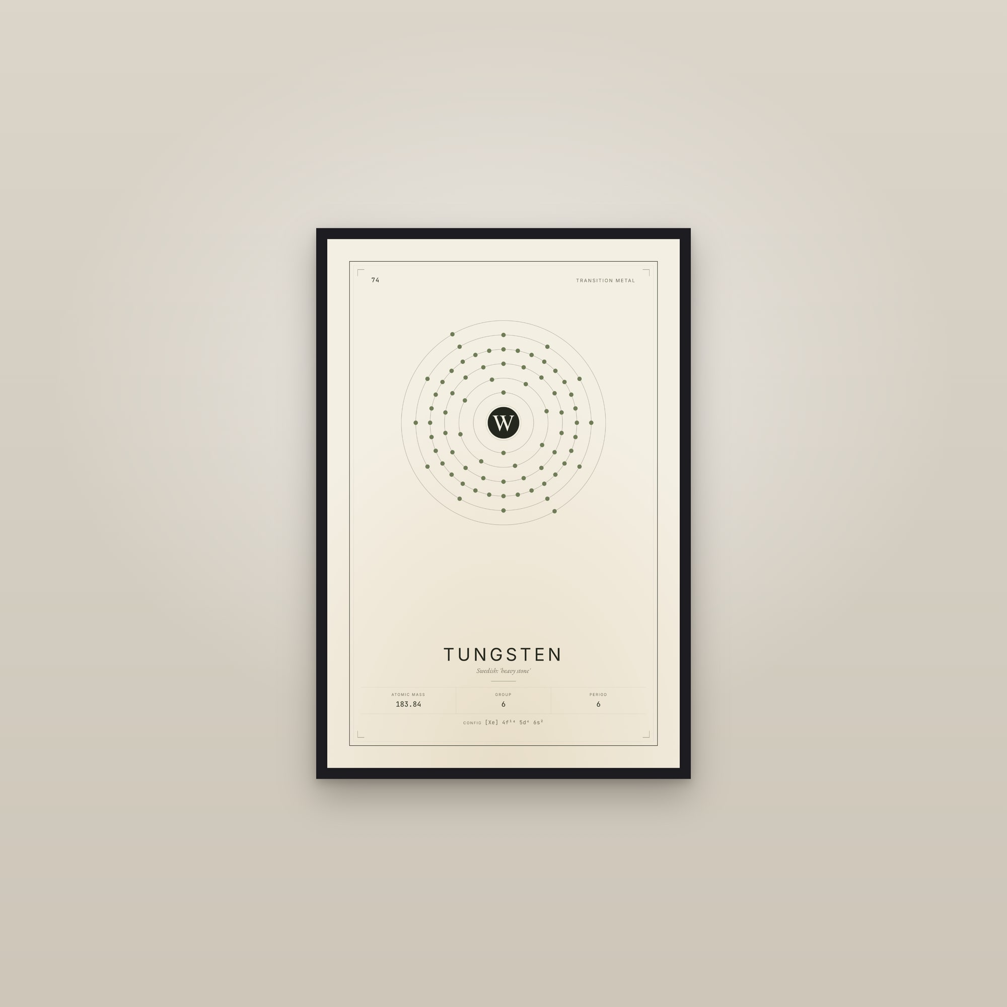 Tungsten — Element No. 74 — framed in a gallery setting