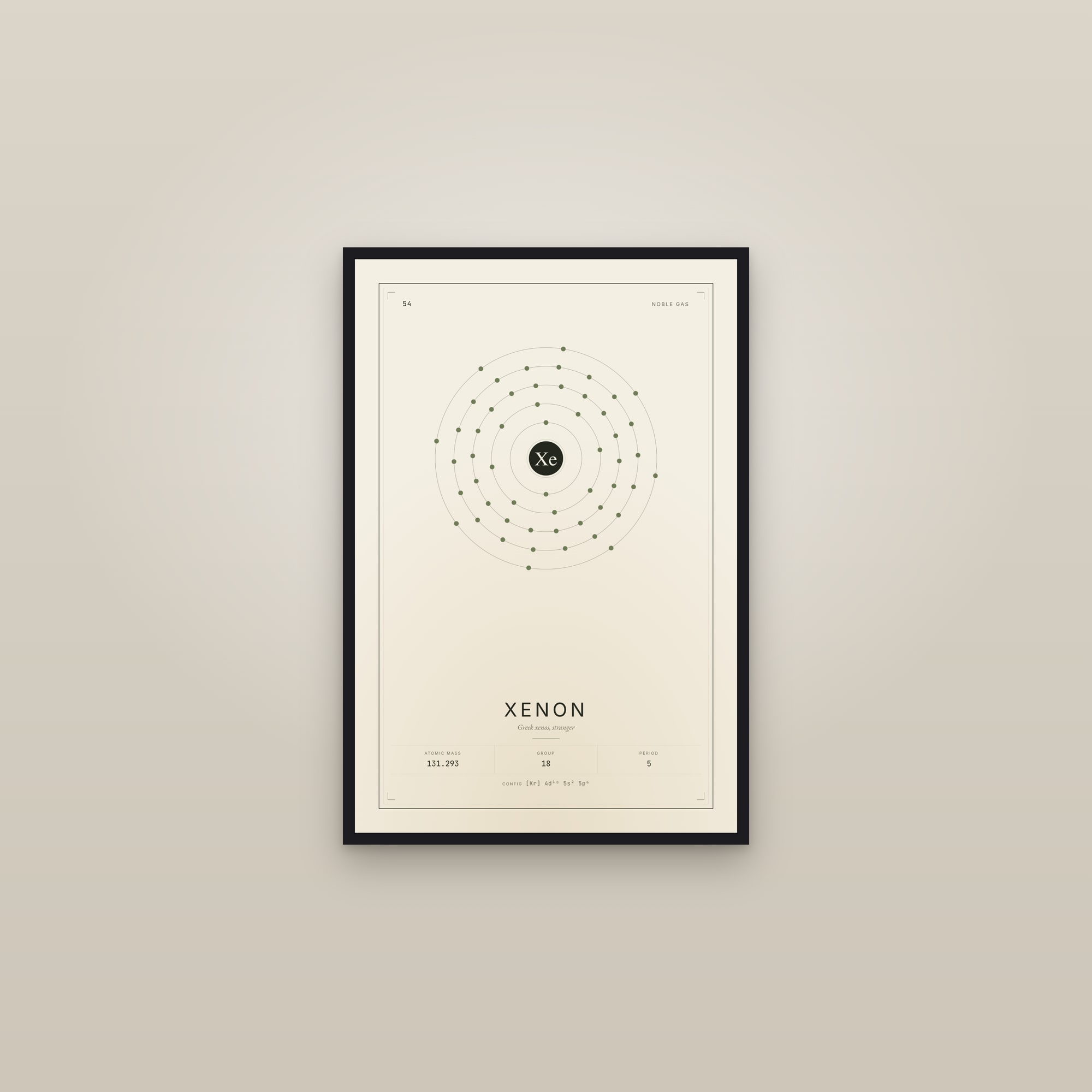 Xenon — Element No. 54 — framed in a gallery setting