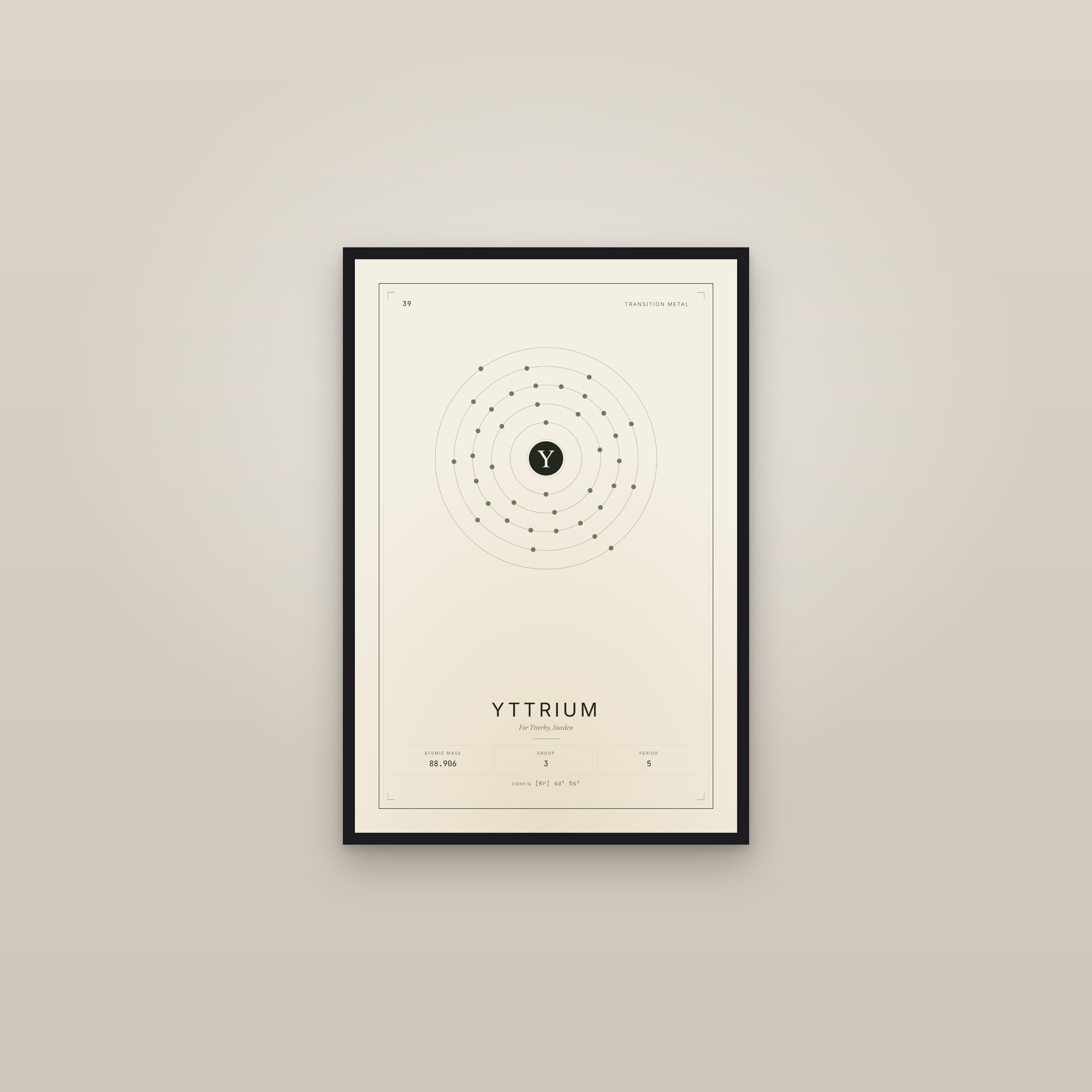 Yttrium — Element No. 39 — framed in a gallery setting