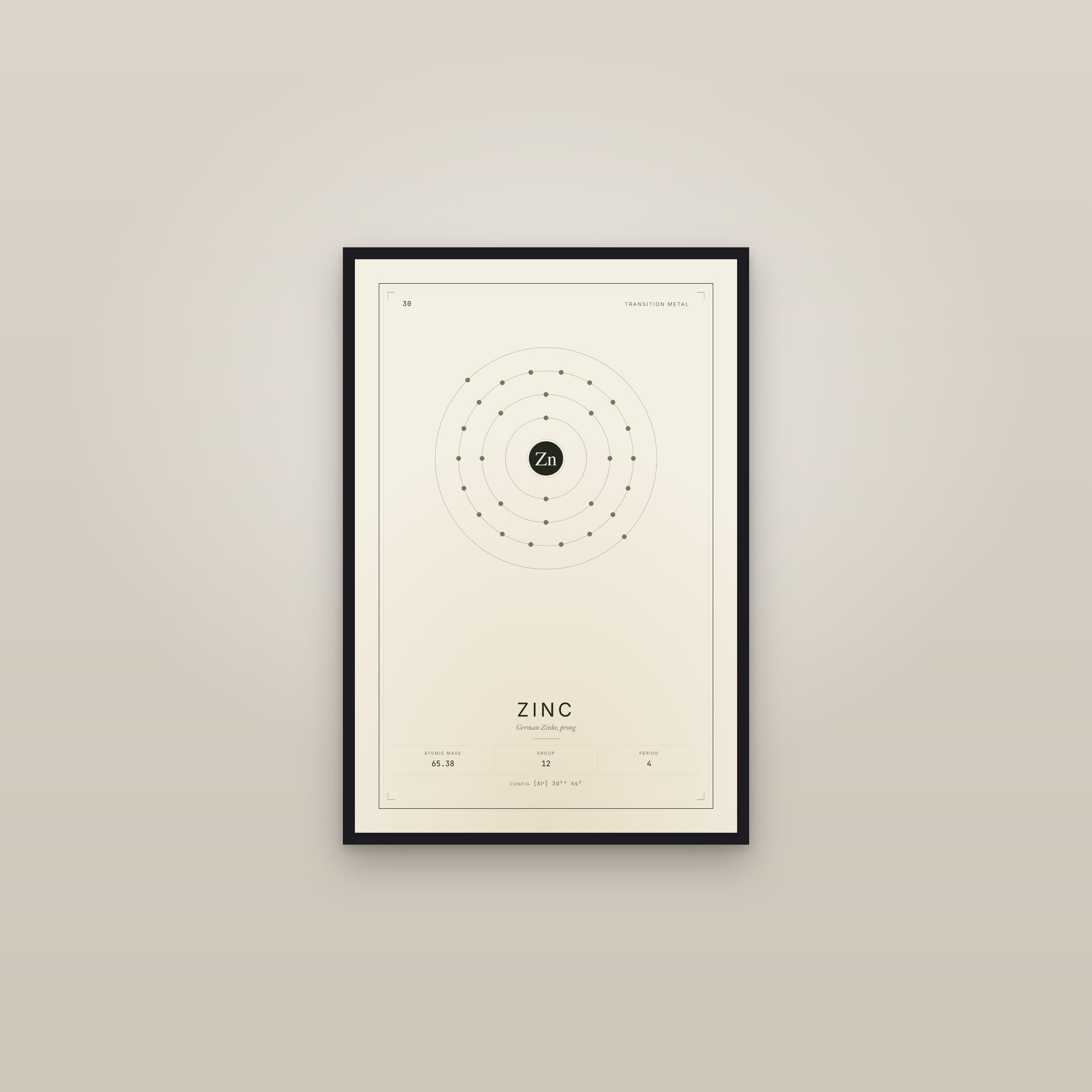 Zinc — Element No. 30 — framed in a gallery setting