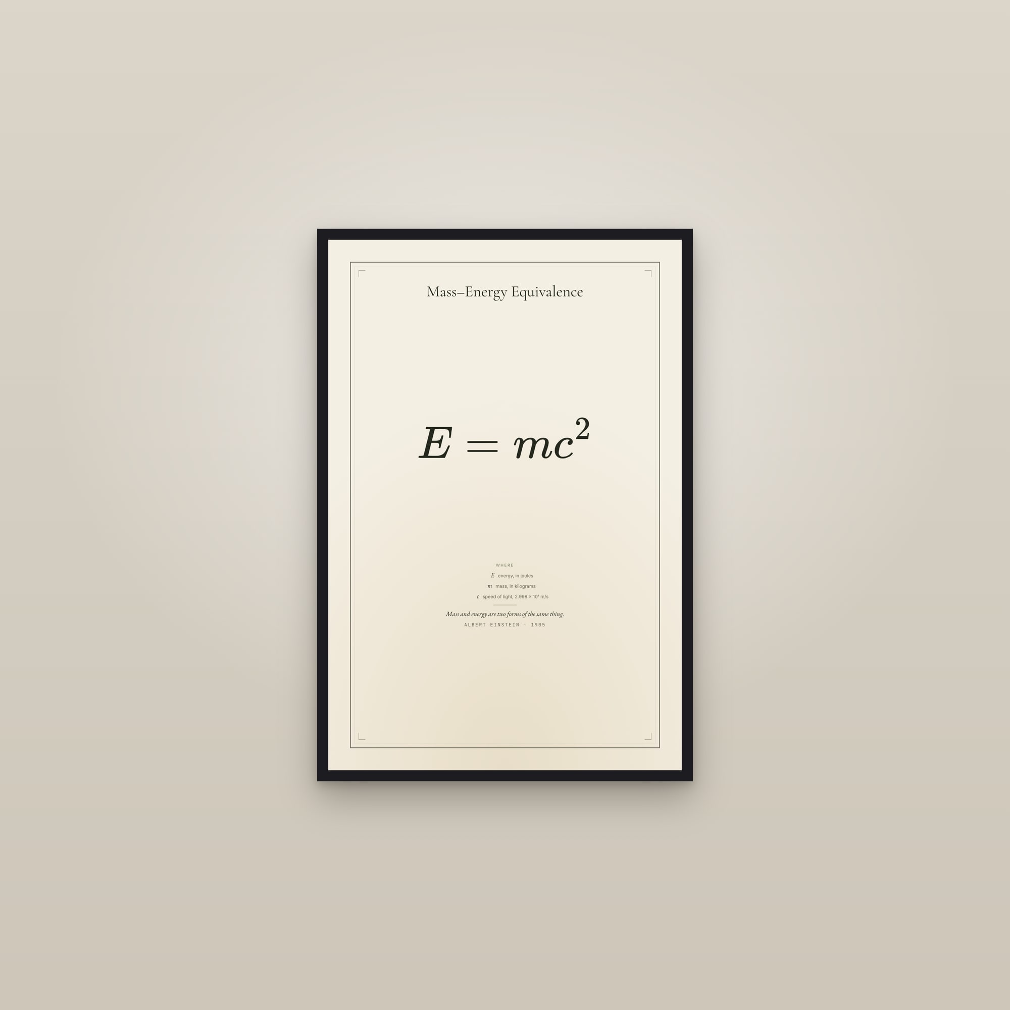 Mass–Energy Equivalence — framed in a gallery setting