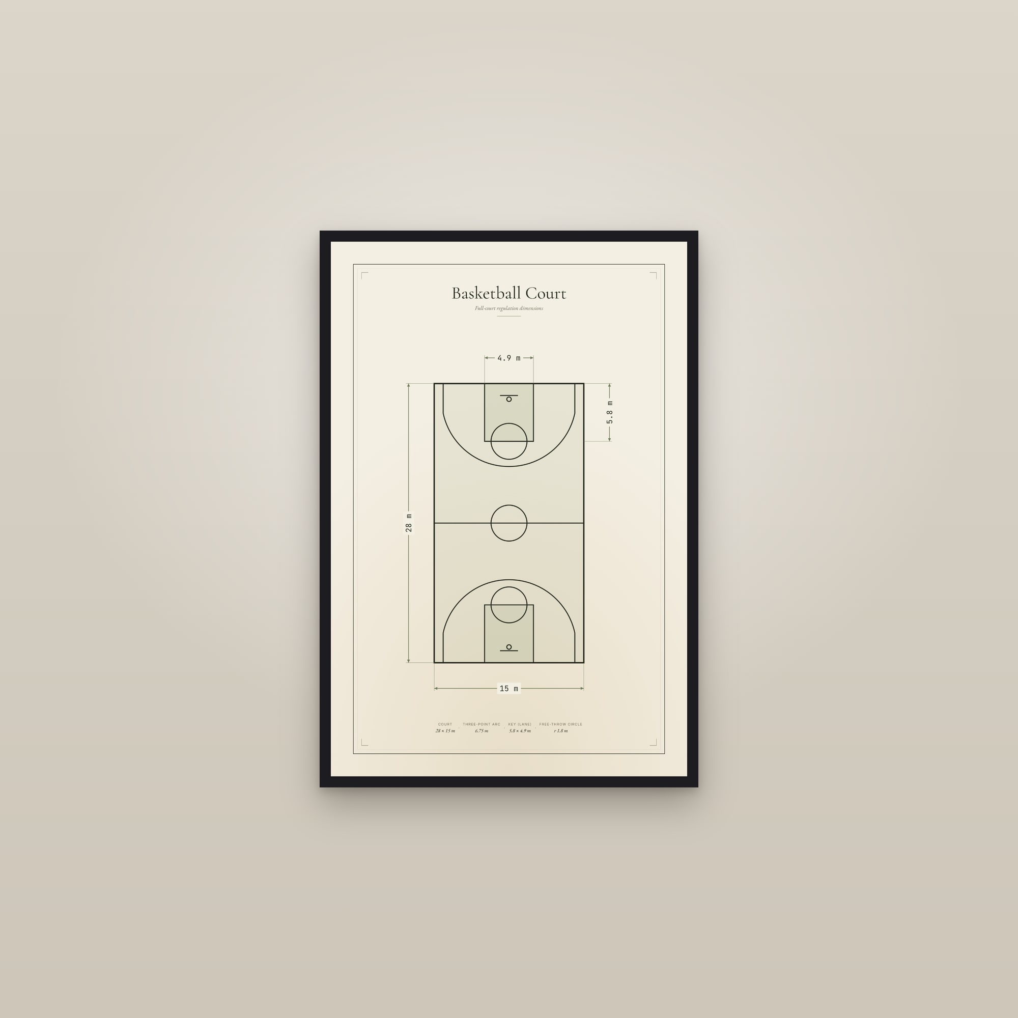 Basketball Court — Court Diagram — framed in a gallery setting