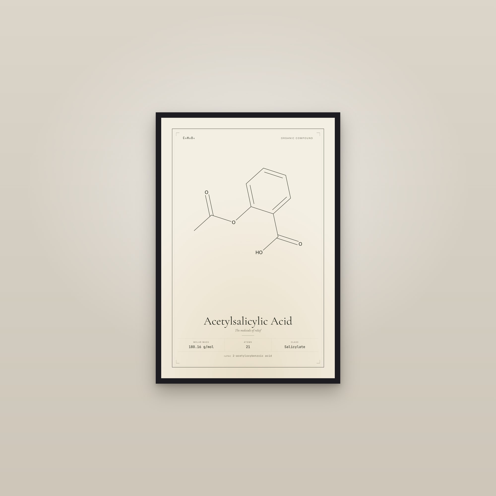 Acetylsalicylic Acid — Molecular Structure — framed in a gallery setting