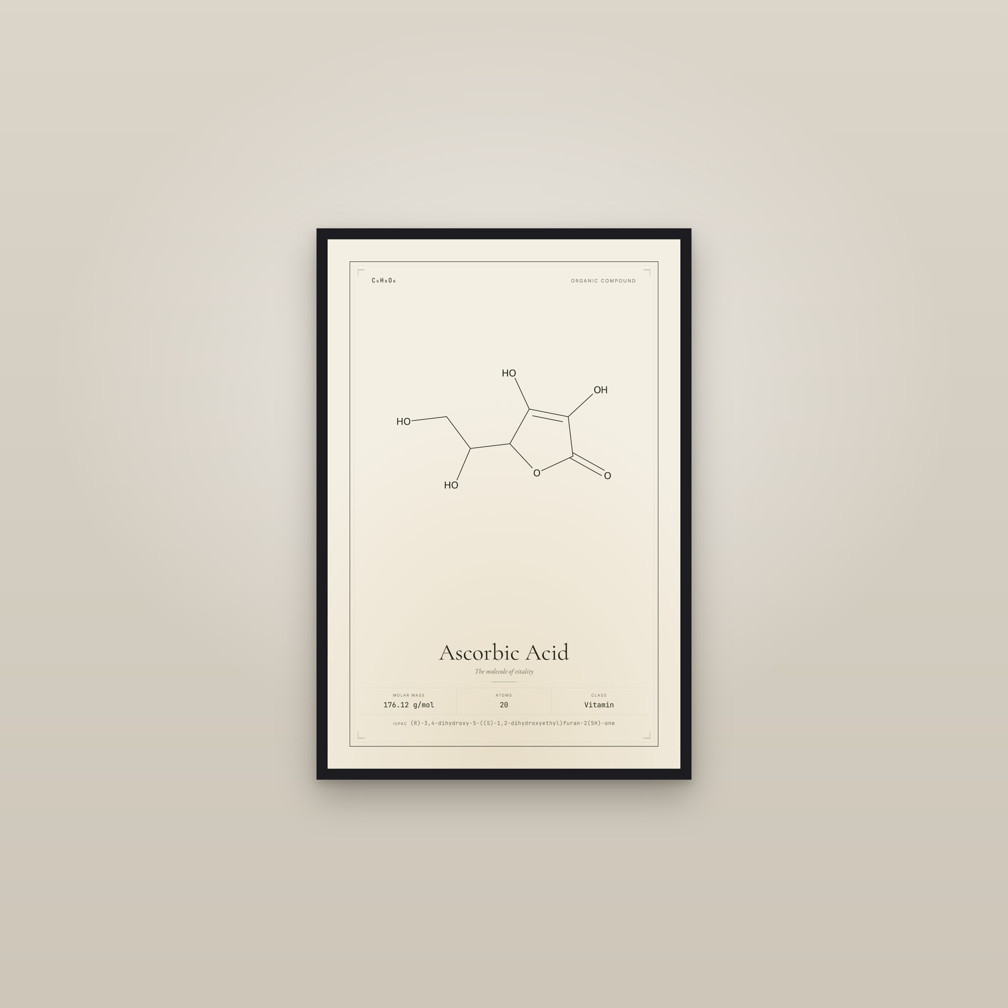 Ascorbic Acid — Molecular Structure — framed in a gallery setting