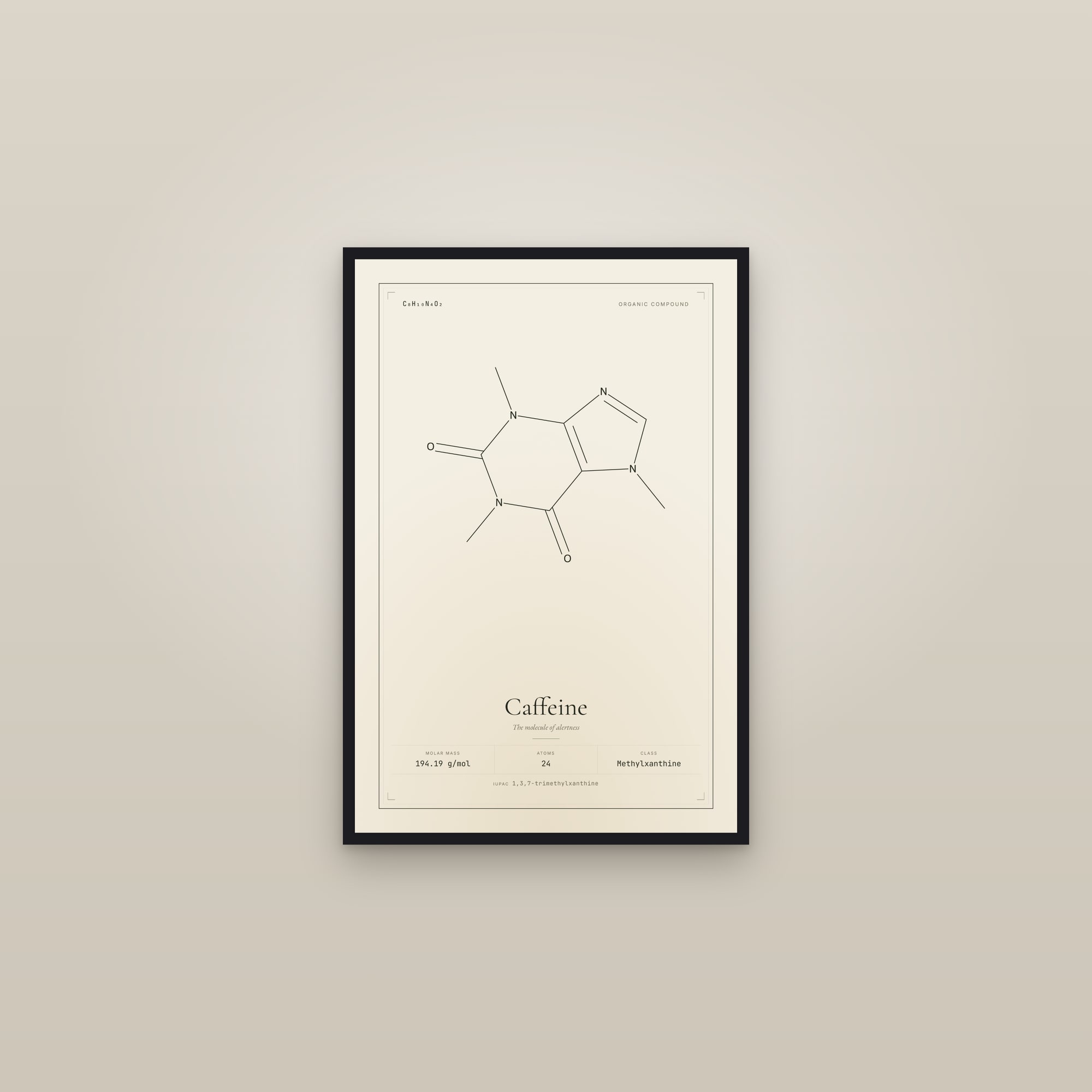 Caffeine — Molecular Structure — framed in a gallery setting
