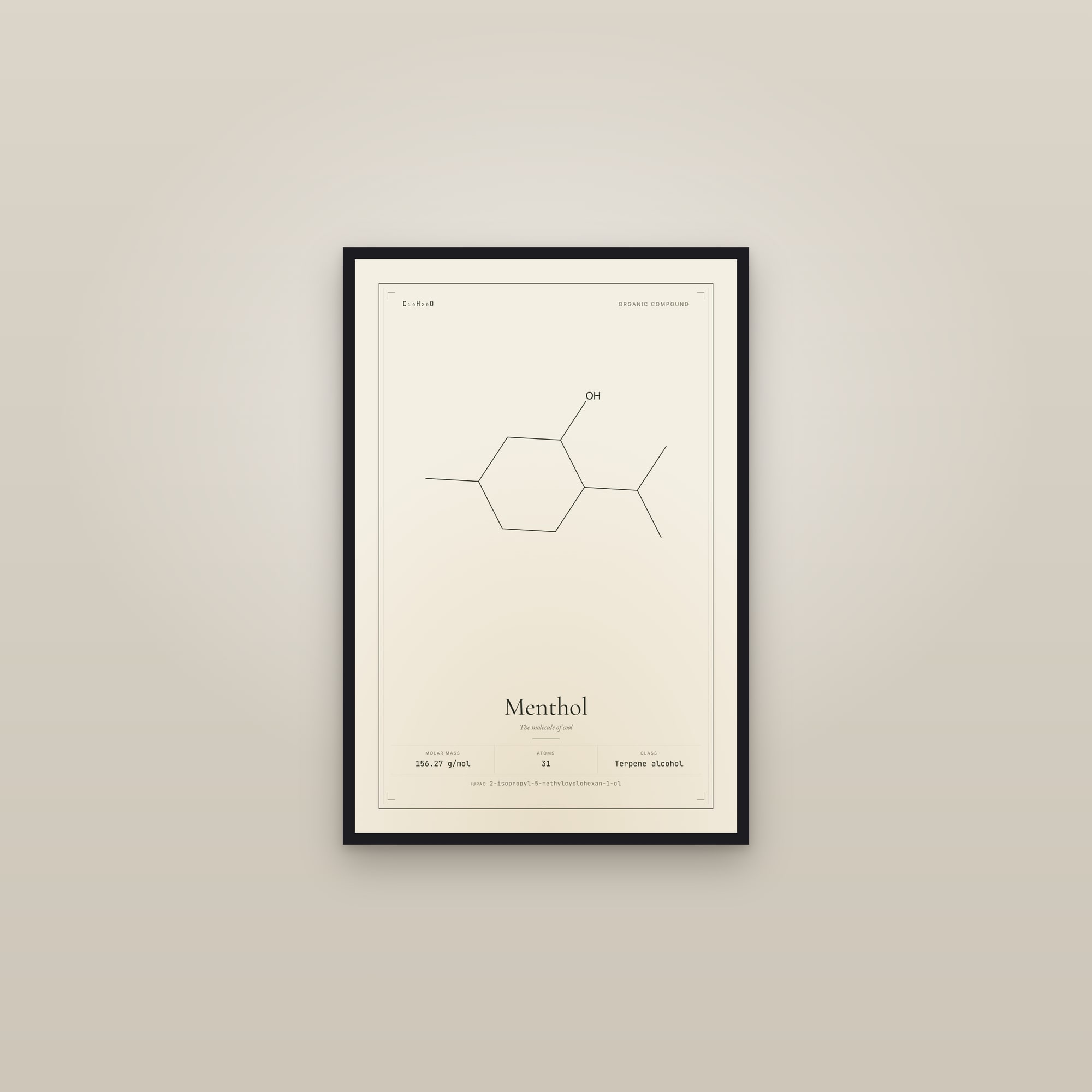 Menthol — Molecular Structure — framed in a gallery setting
