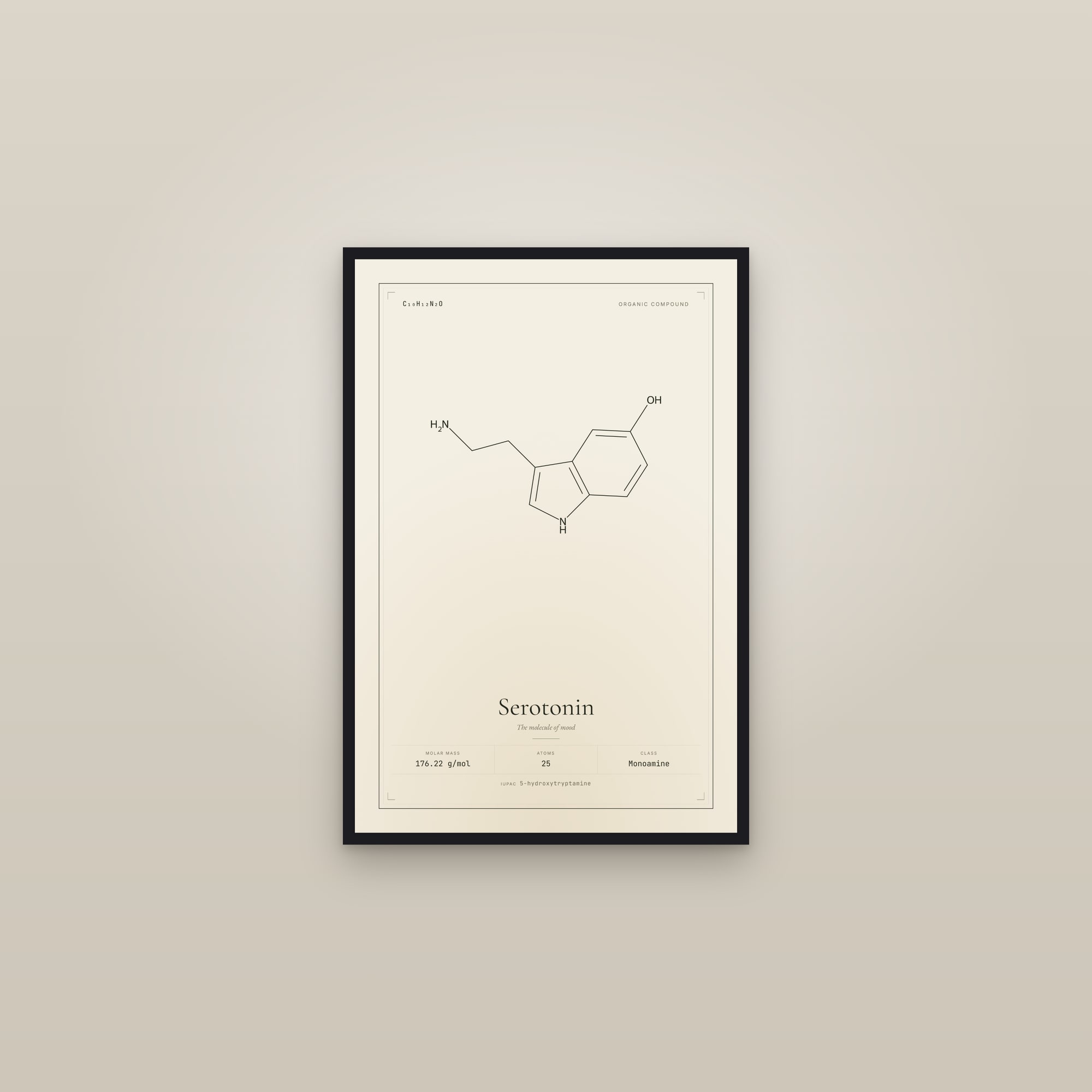 Serotonin — Molecular Structure — framed in a gallery setting
