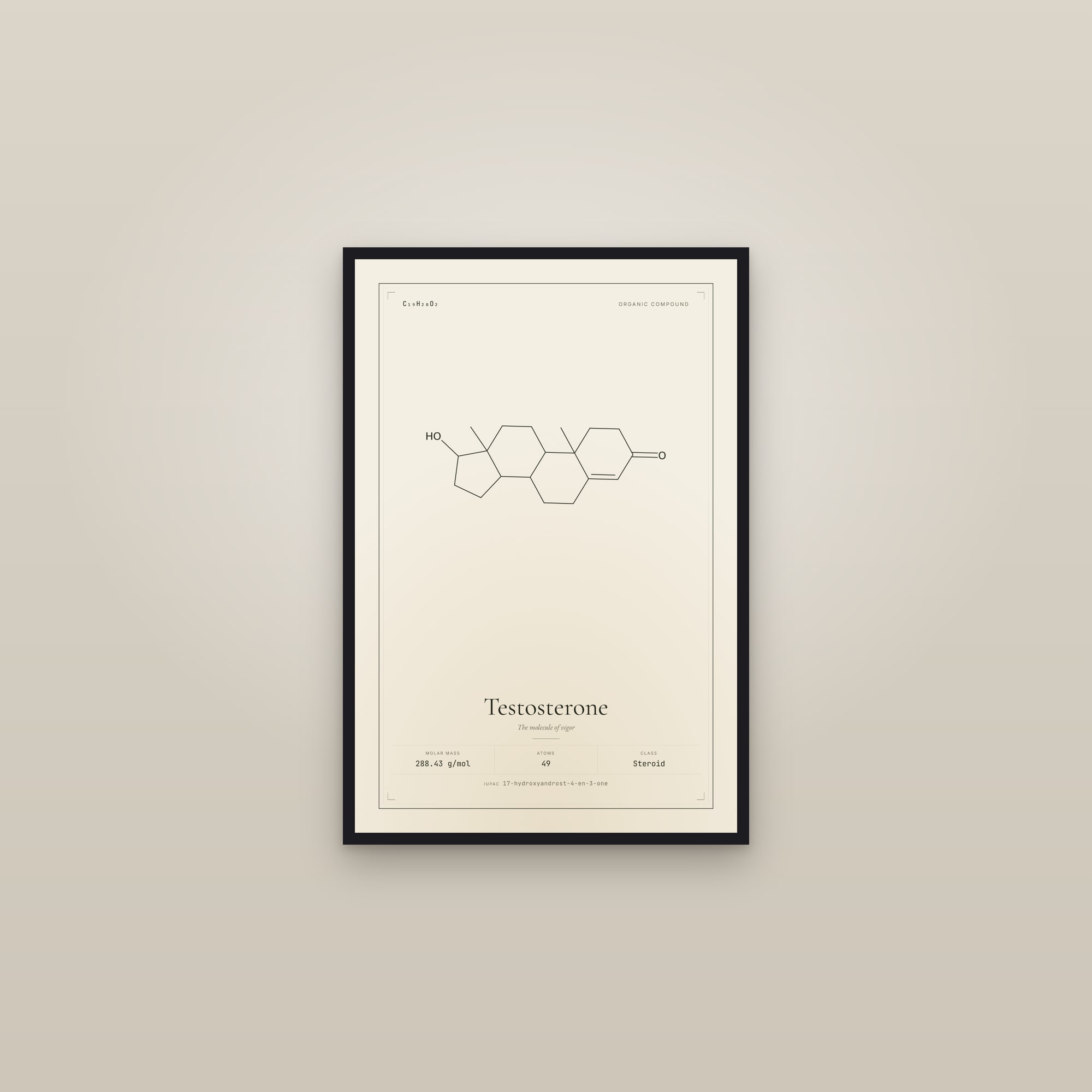 Testosterone — Molecular Structure — framed in a gallery setting