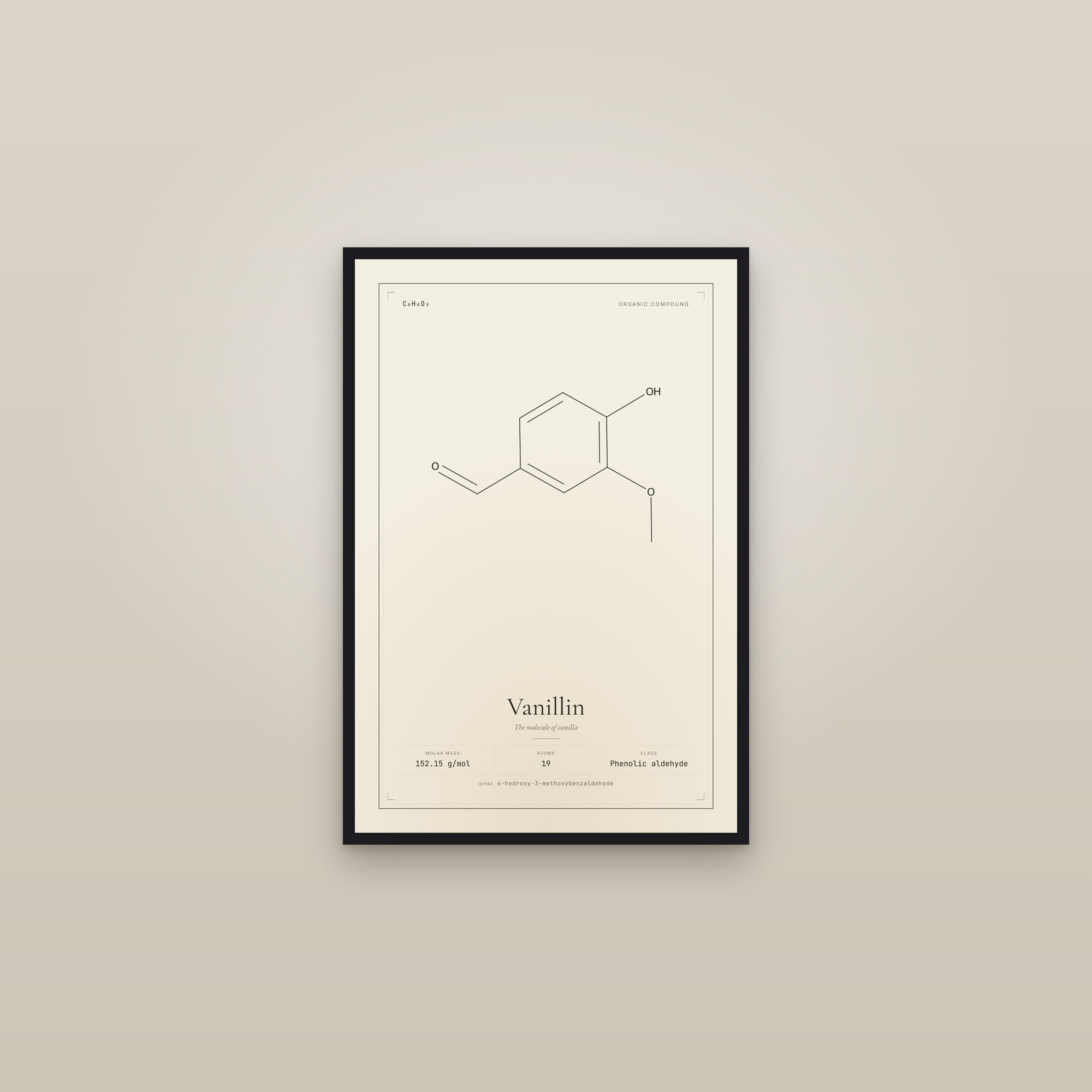 Vanillin — Molecular Structure — framed in a gallery setting
