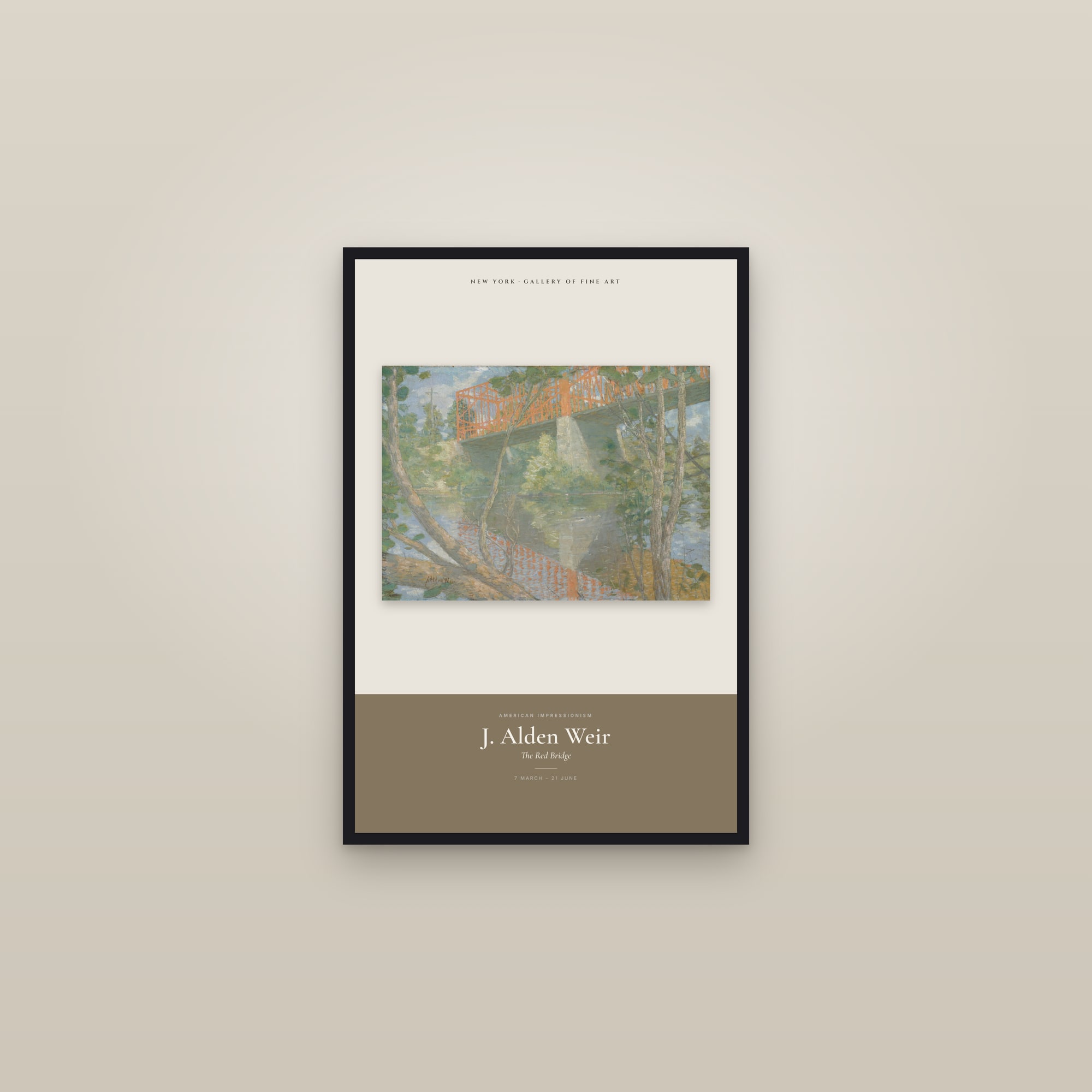 The Red Bridge — Exhibition Poster — framed in a gallery setting