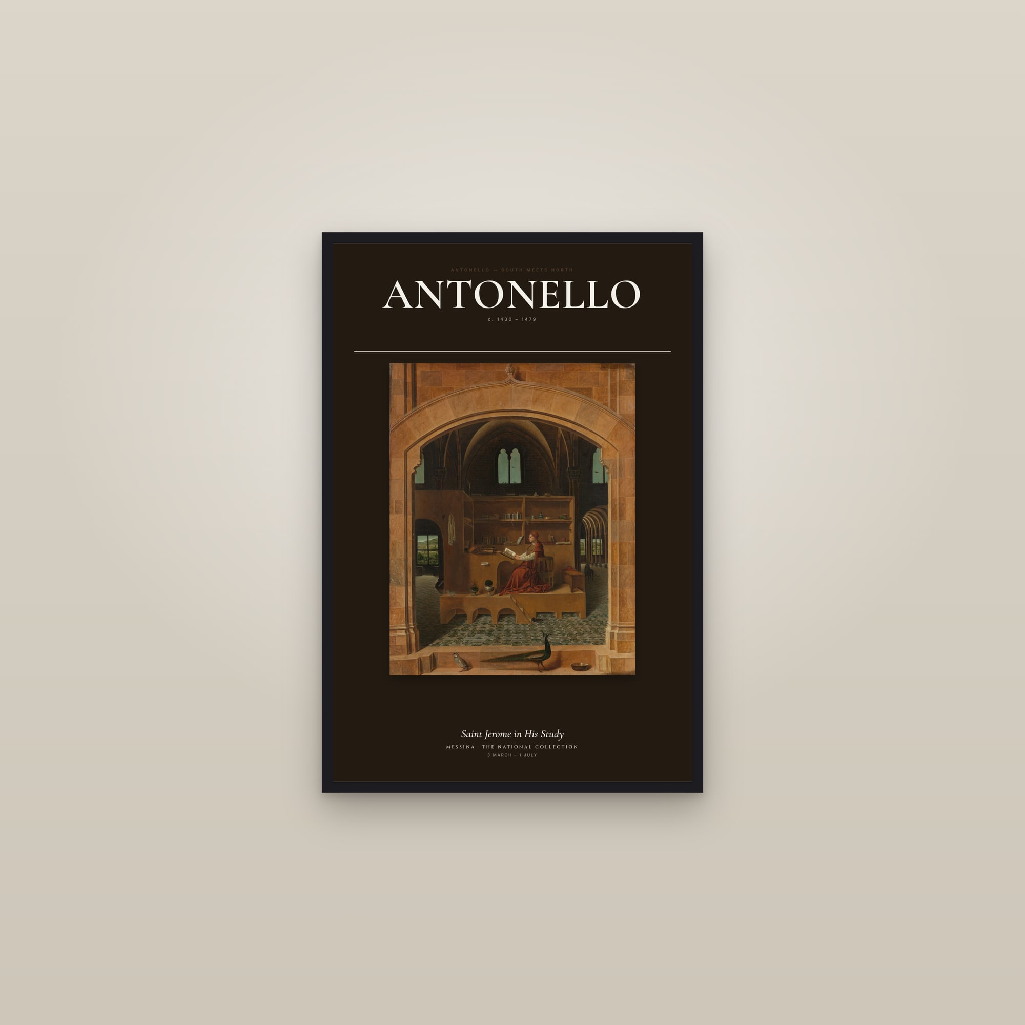 Saint Jerome in His Study (Antonello) — Exhibition Poster — framed in a gallery setting