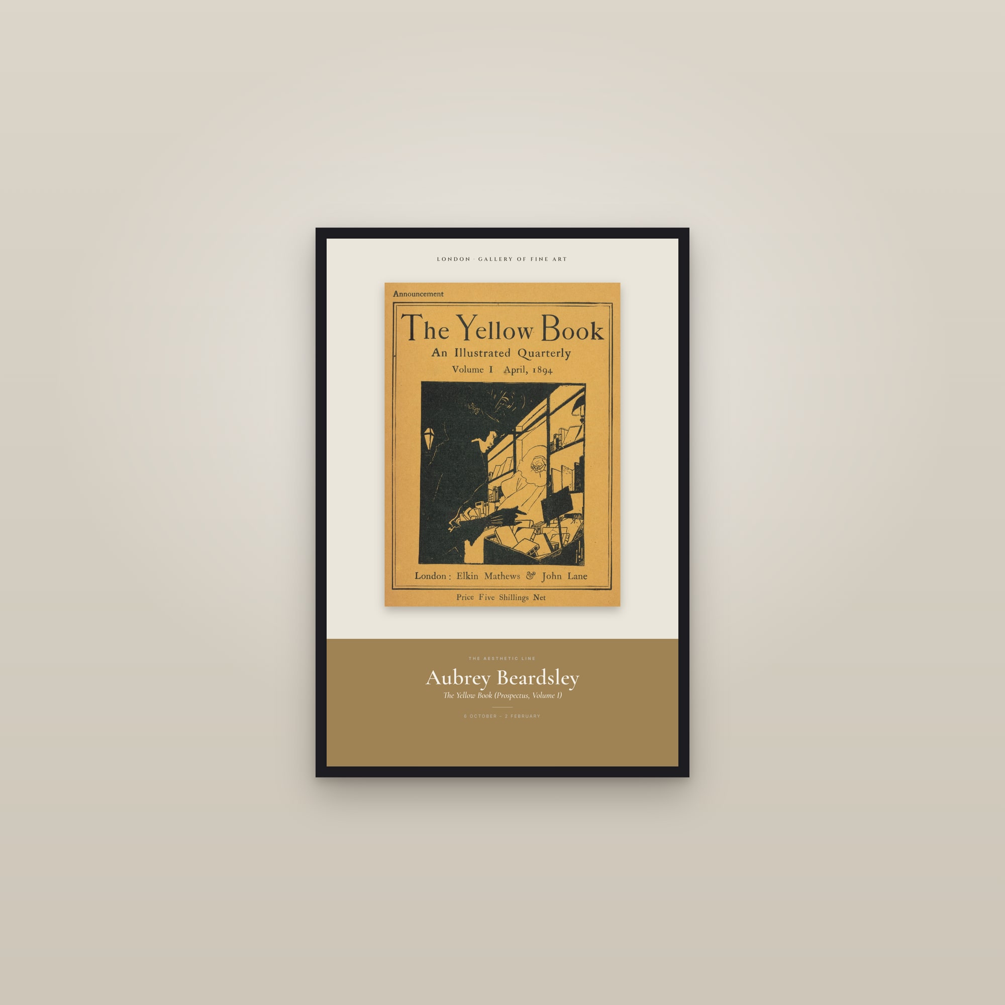 The Yellow Book (Prospectus, Volume I) — Exhibition Poster — framed in a gallery setting