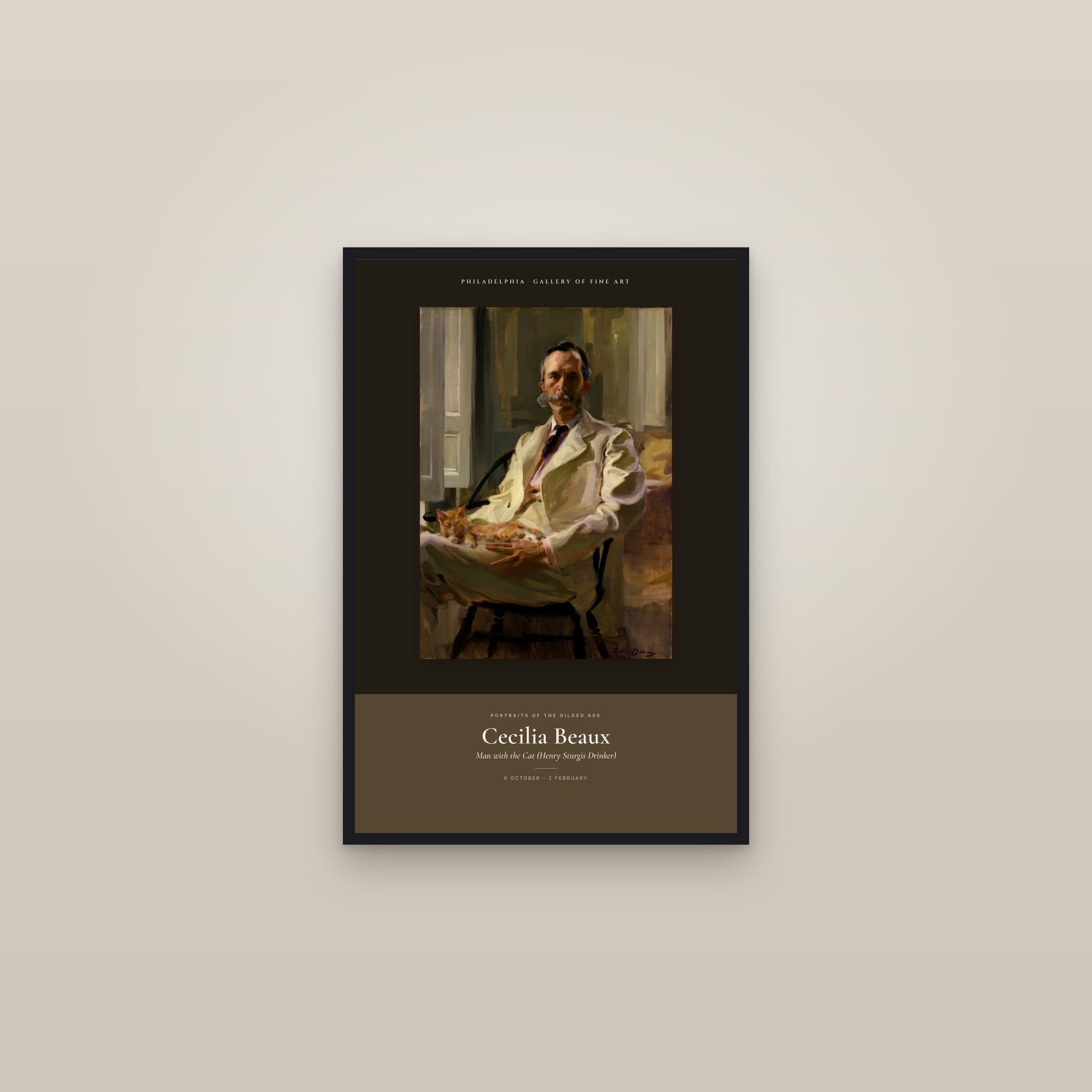 Man with the Cat (Henry Sturgis Drinker) — Exhibition Poster — framed in a gallery setting
