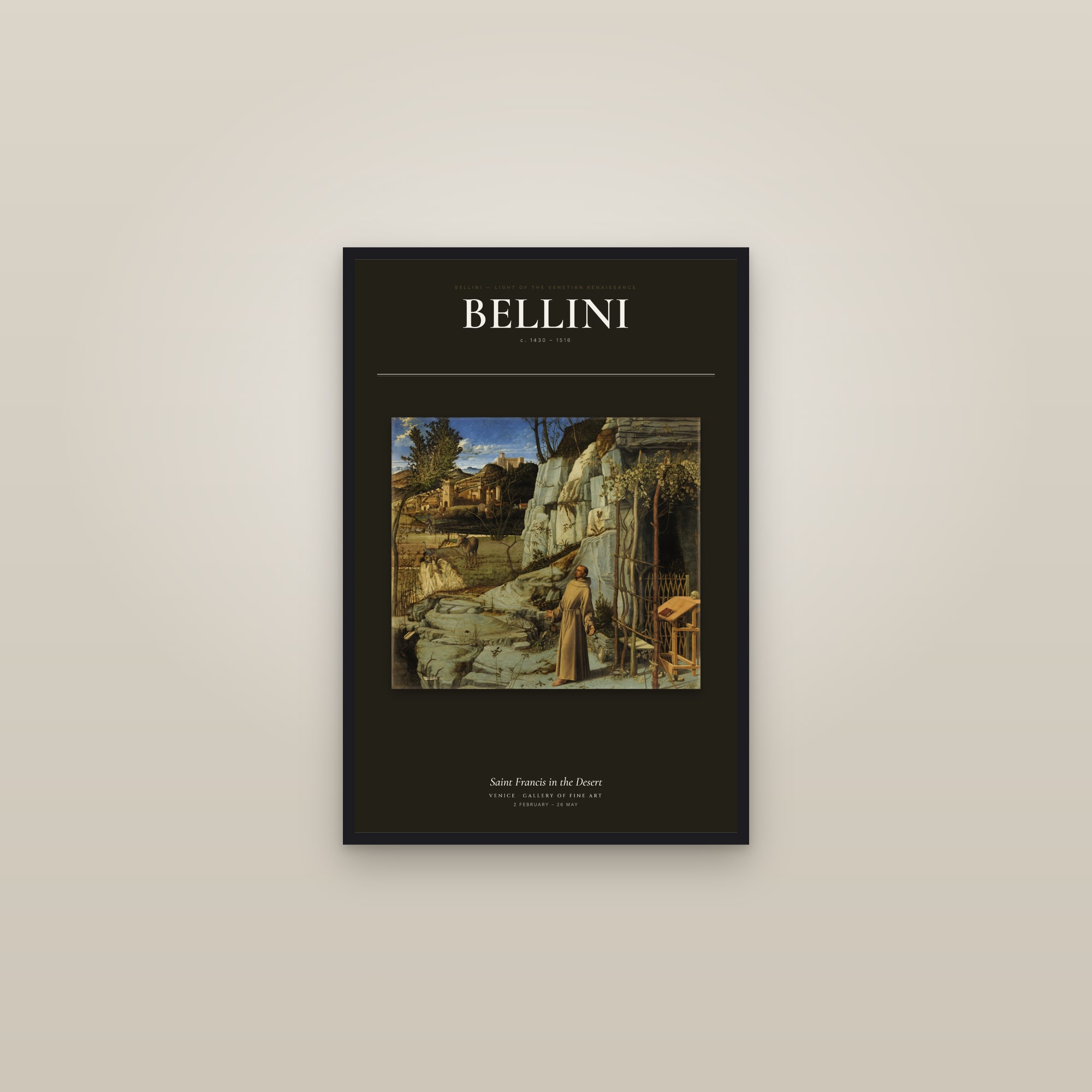 Saint Francis in the Desert — Exhibition Poster — framed in a gallery setting