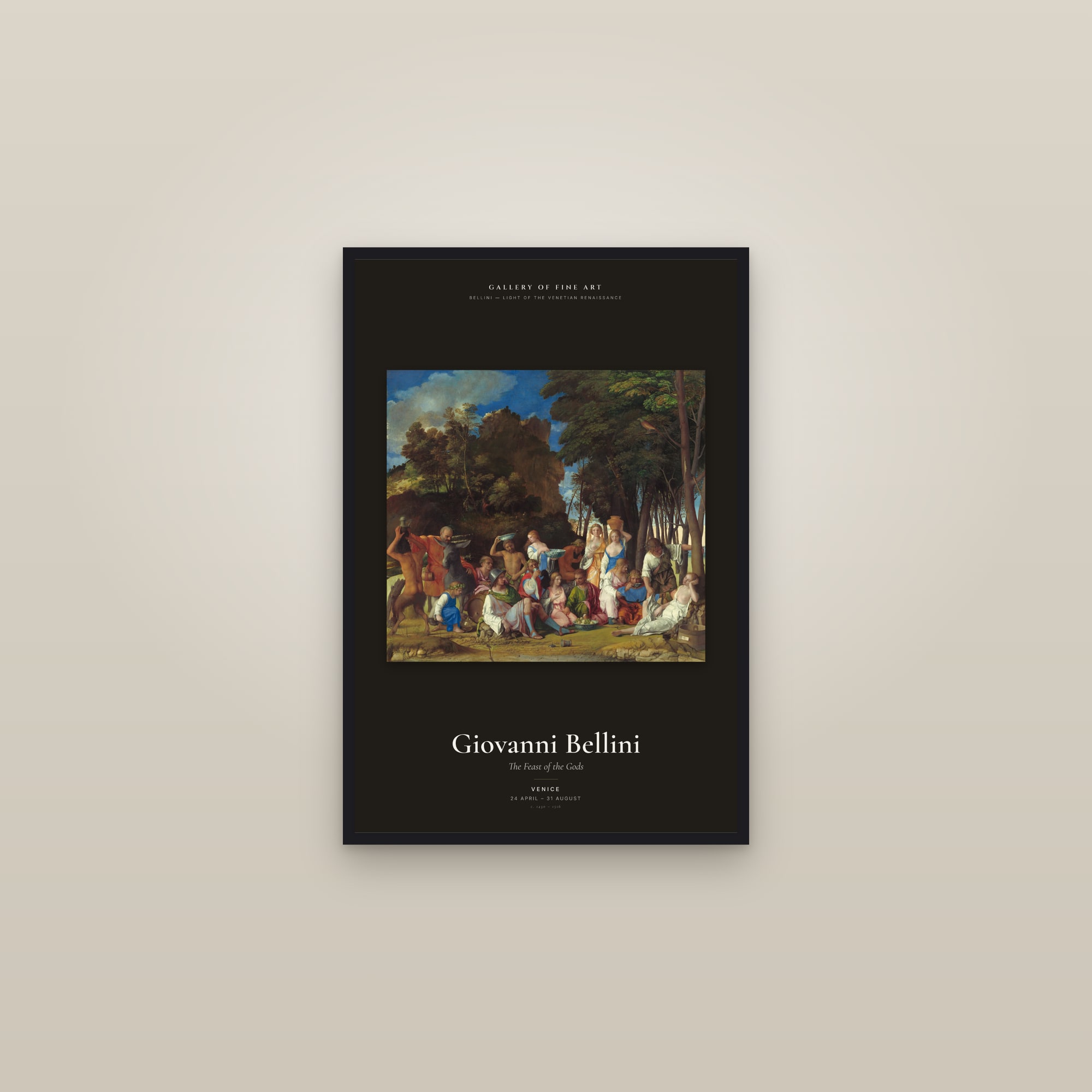 The Feast of the Gods — Exhibition Poster — framed in a gallery setting