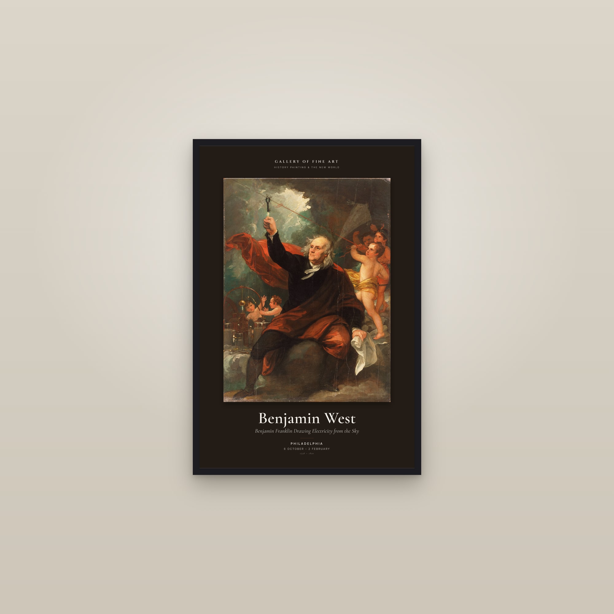 Benjamin Franklin Drawing Electricity from the Sky — Exhibition Poster — framed in a gallery setting