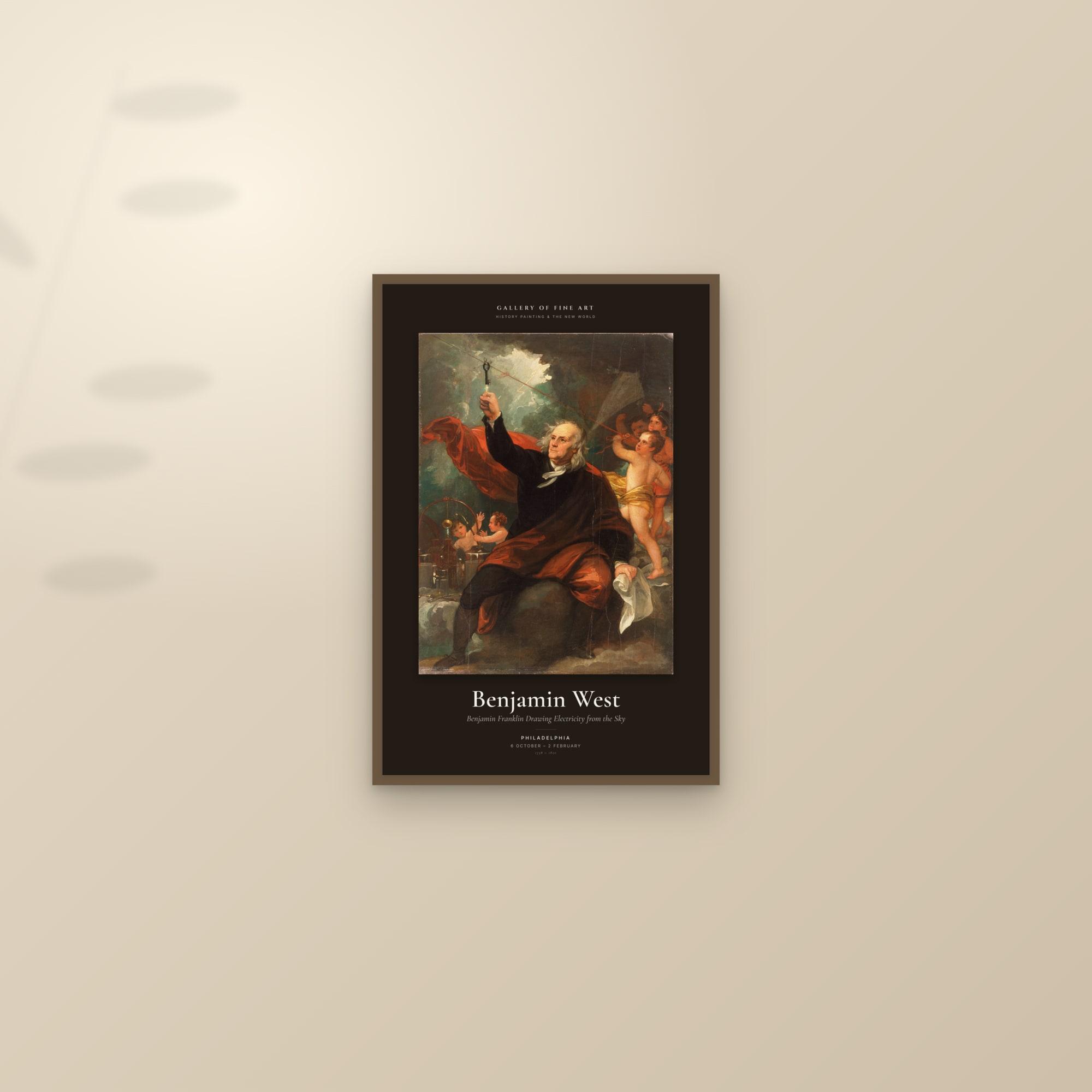 Benjamin Franklin Drawing Electricity from the Sky — Exhibition Poster — framed and styled on a sunlit wall