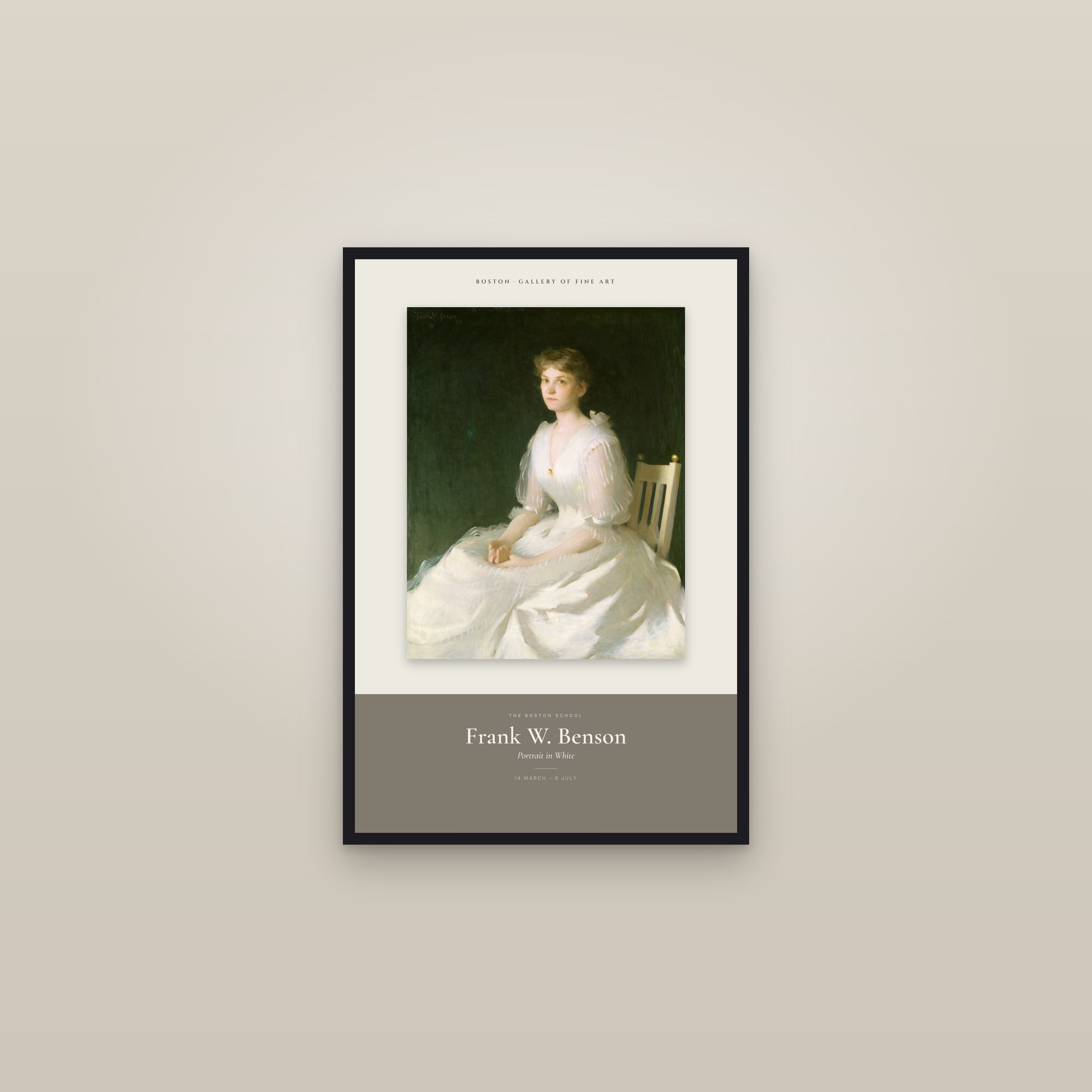 Portrait in White — Exhibition Poster — framed in a gallery setting