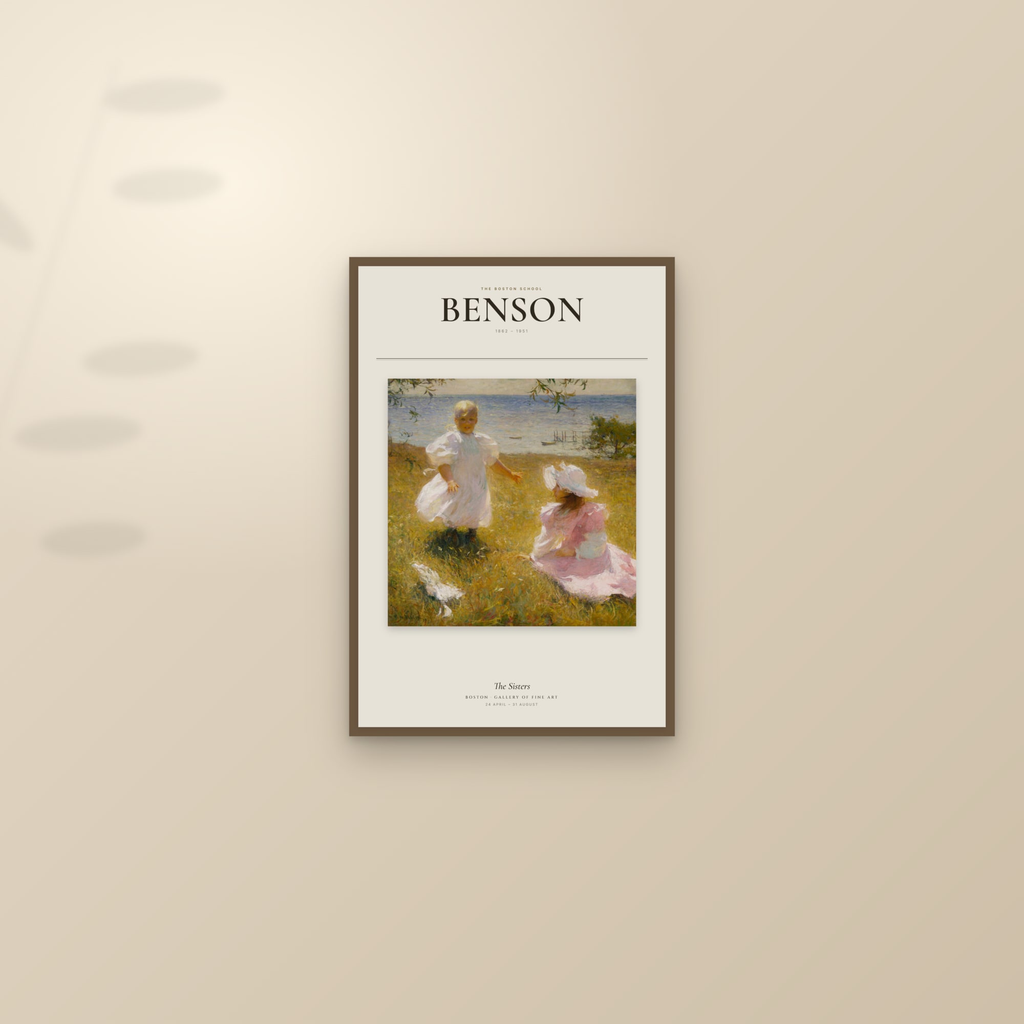 The Sisters — Exhibition Poster — framed and styled on a sunlit wall