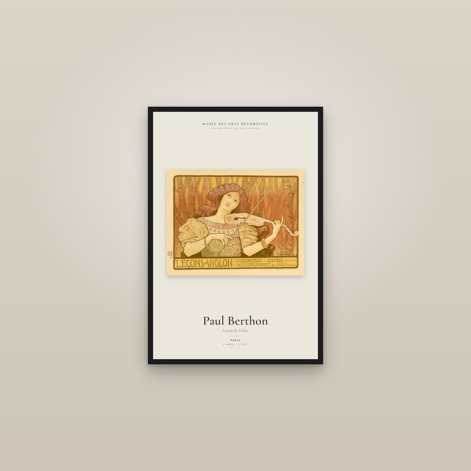 Leçons de Violon — Exhibition Poster — framed in a gallery setting