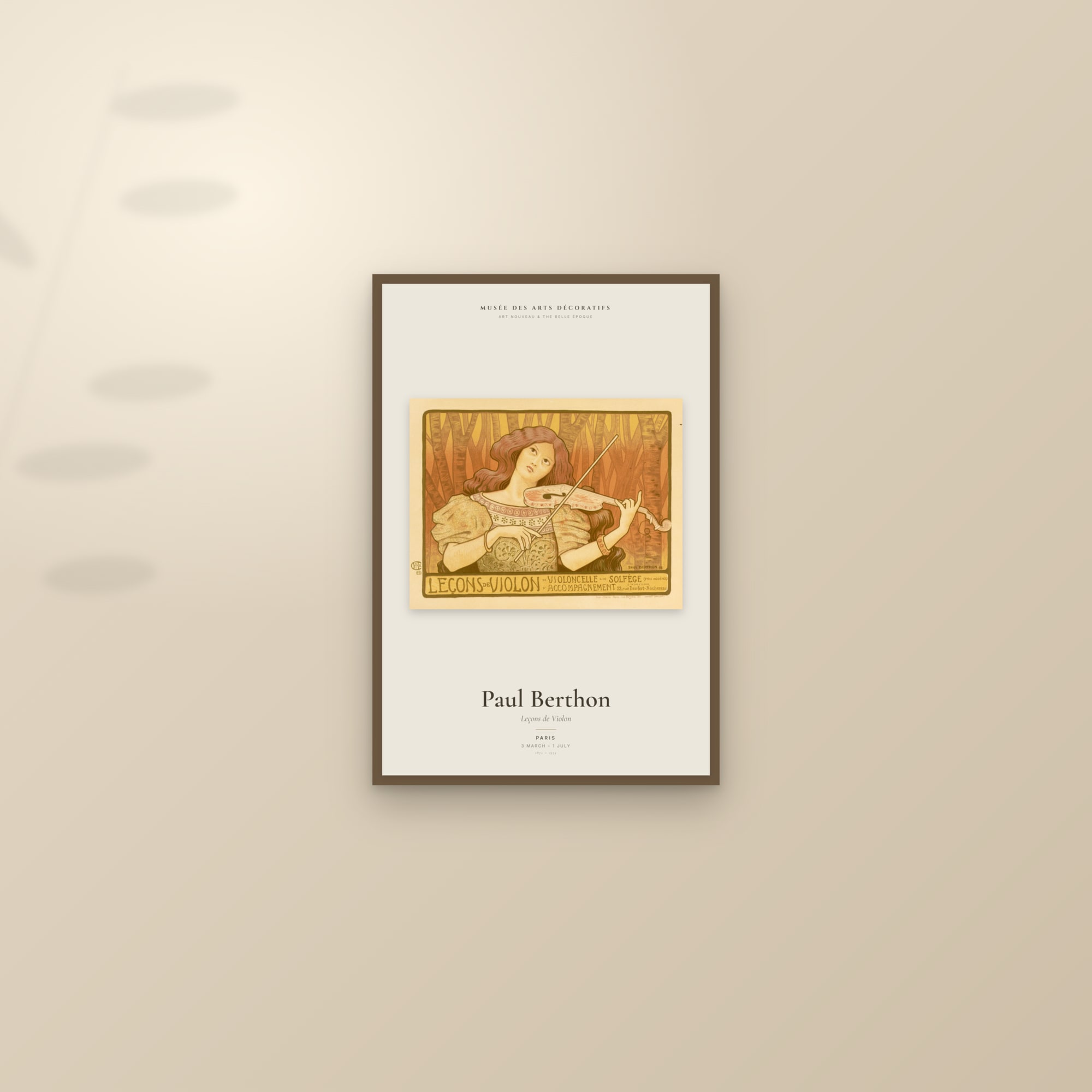 Leçons de Violon — Exhibition Poster — framed and styled on a sunlit wall