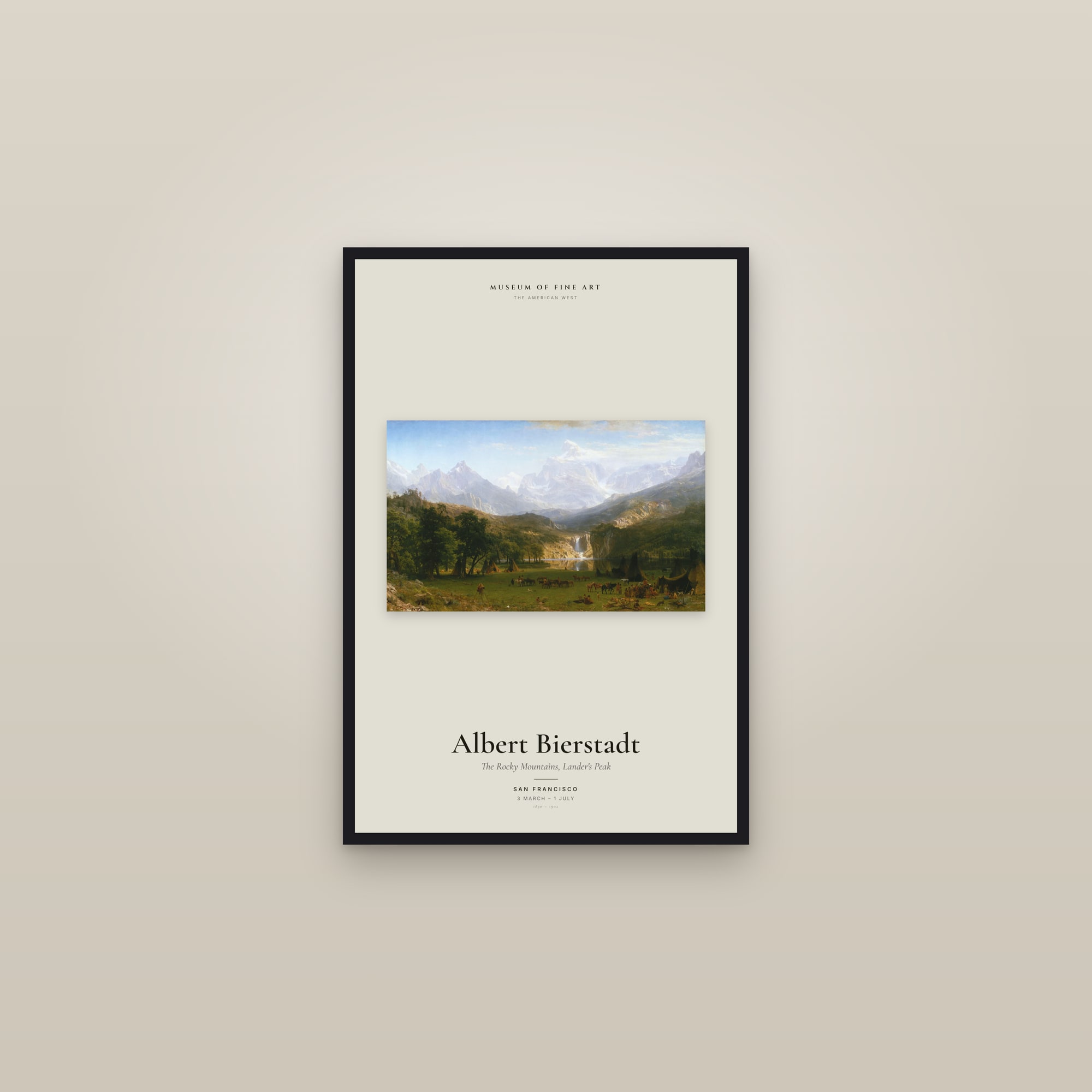 The Rocky Mountains, Lander's Peak — Exhibition Poster — framed in a gallery setting