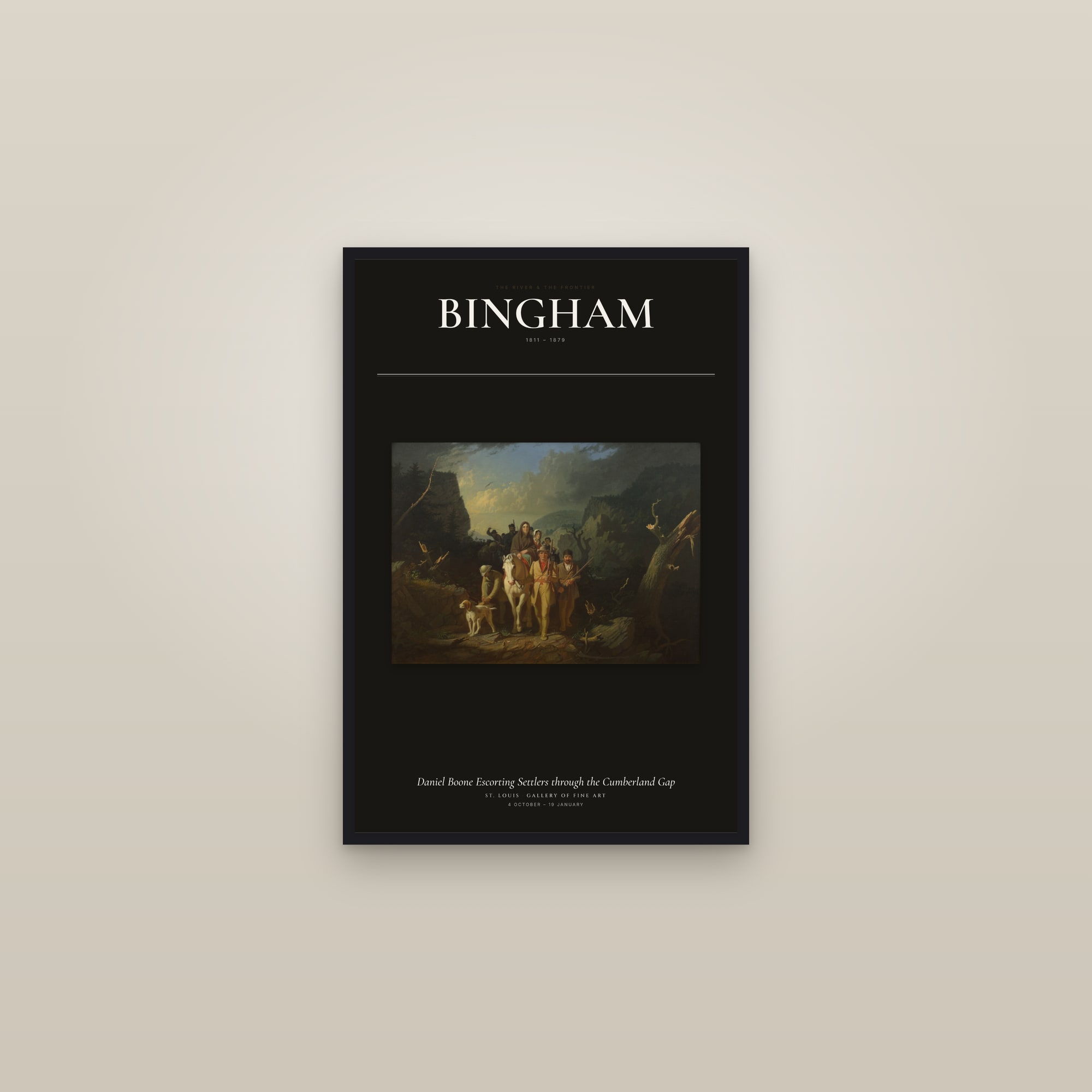 Daniel Boone Escorting Settlers through the Cumberland Gap — Exhibition Poster — framed in a gallery setting