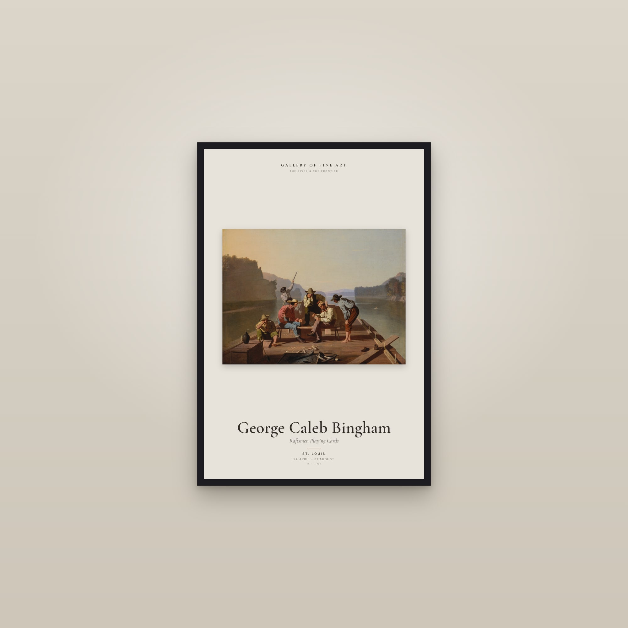 Raftsmen Playing Cards — Exhibition Poster — framed in a gallery setting