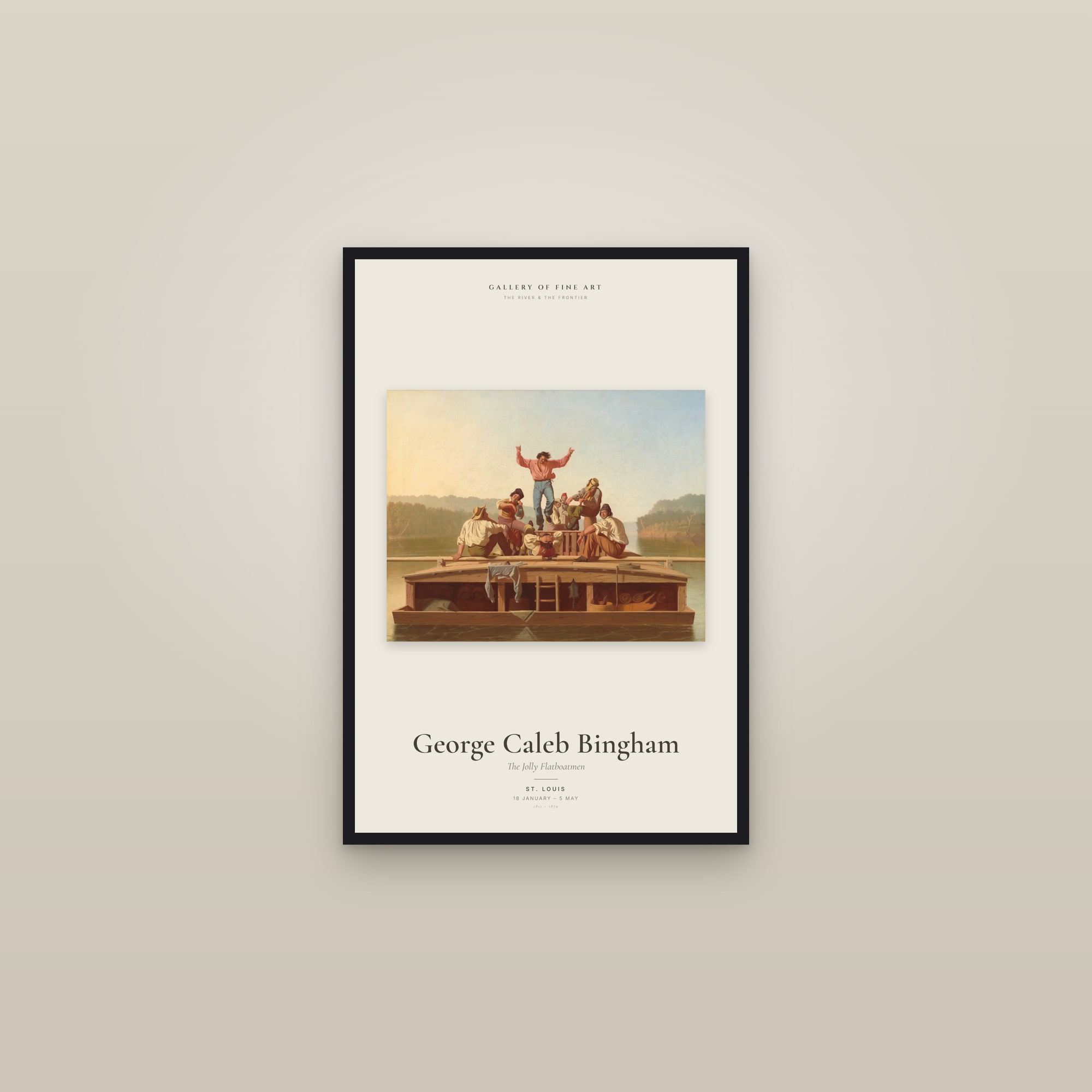 The Jolly Flatboatmen — Exhibition Poster — framed in a gallery setting