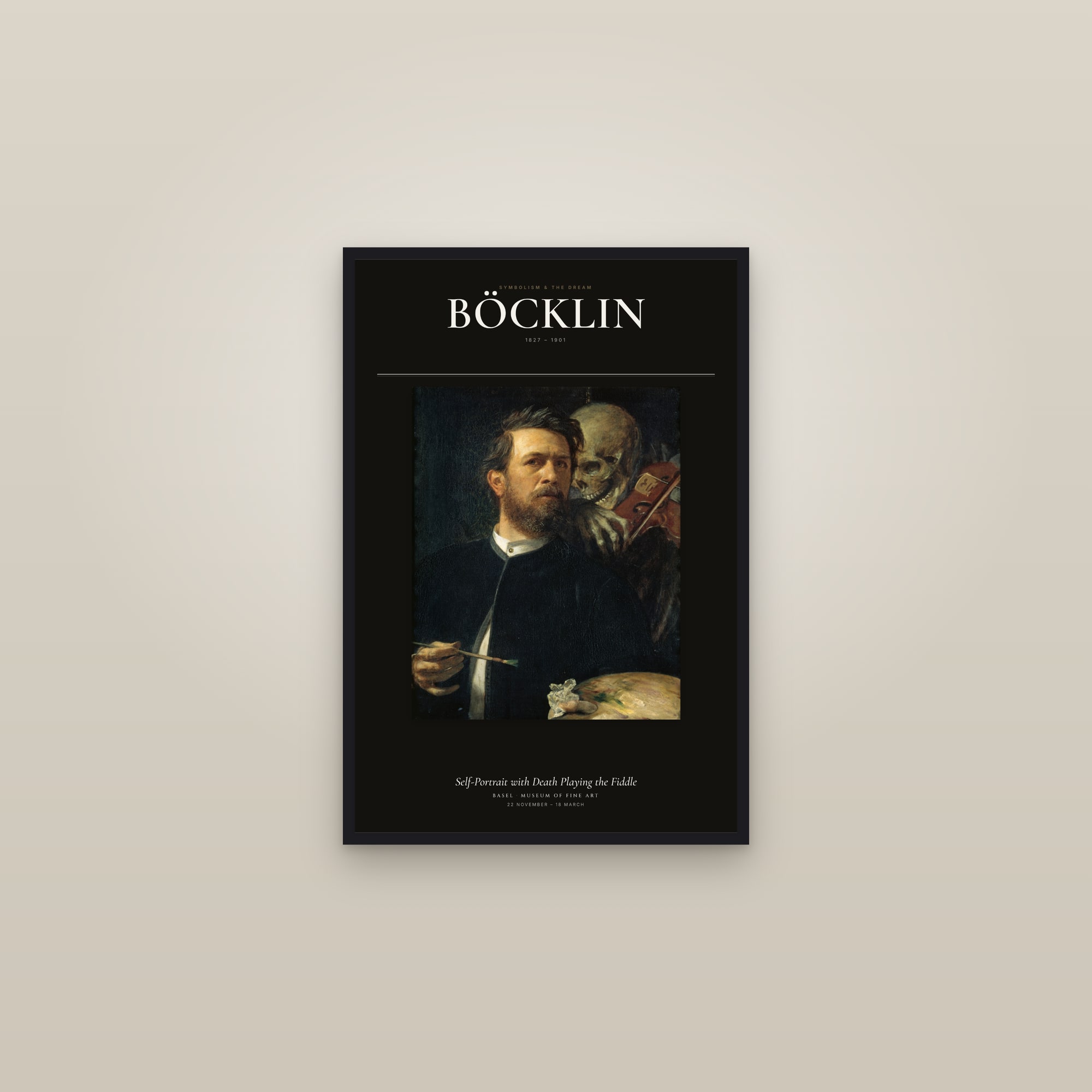 Self-Portrait with Death Playing the Fiddle — Exhibition Poster — framed in a gallery setting
