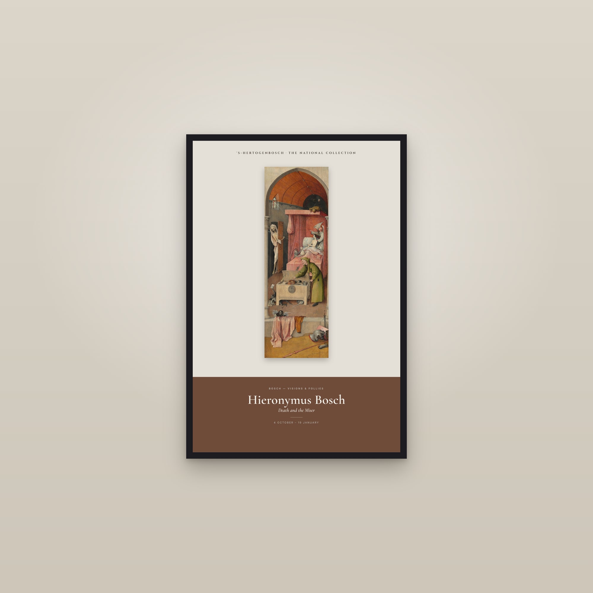 Death and the Miser — Exhibition Poster — framed in a gallery setting