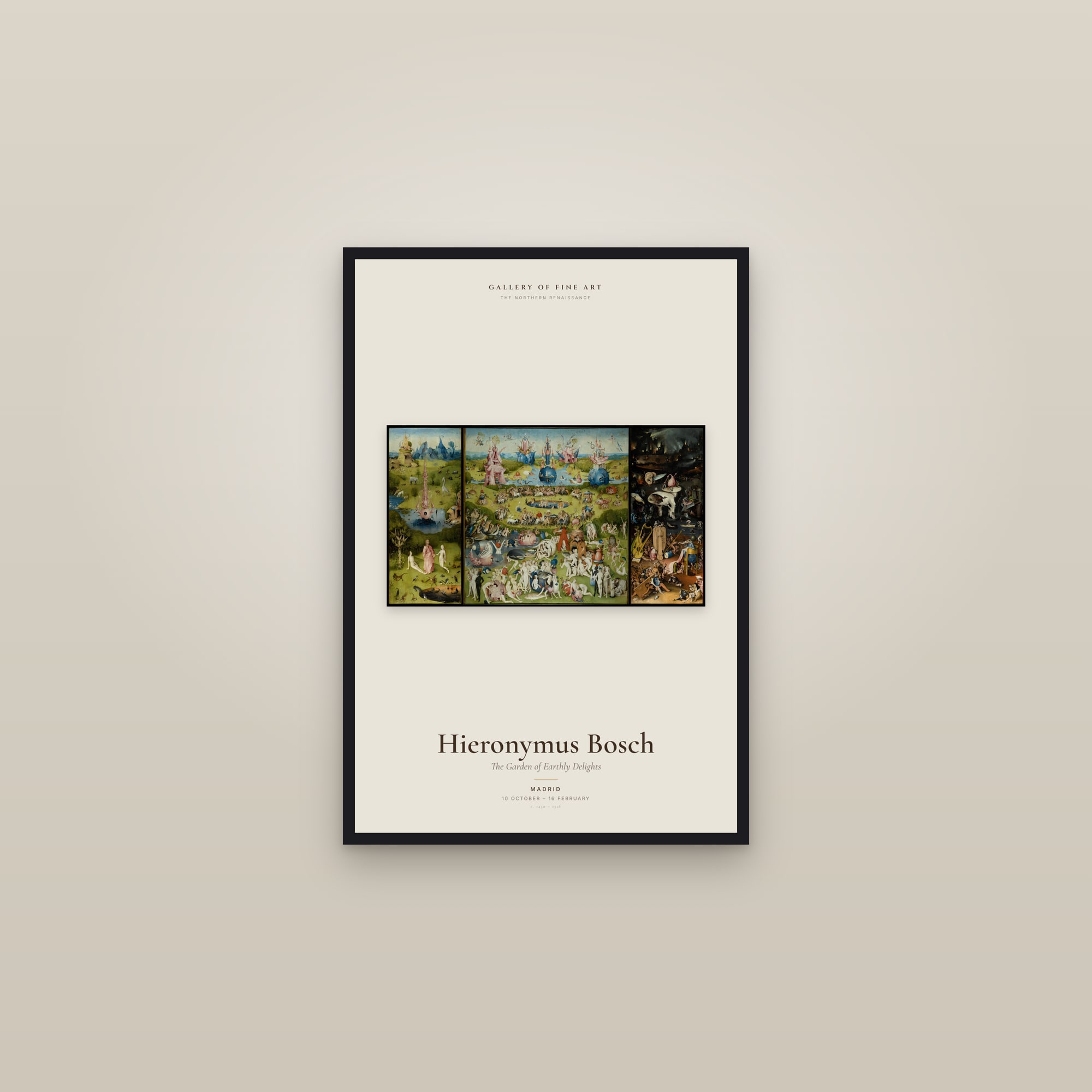 The Garden of Earthly Delights — Exhibition Poster — framed in a gallery setting