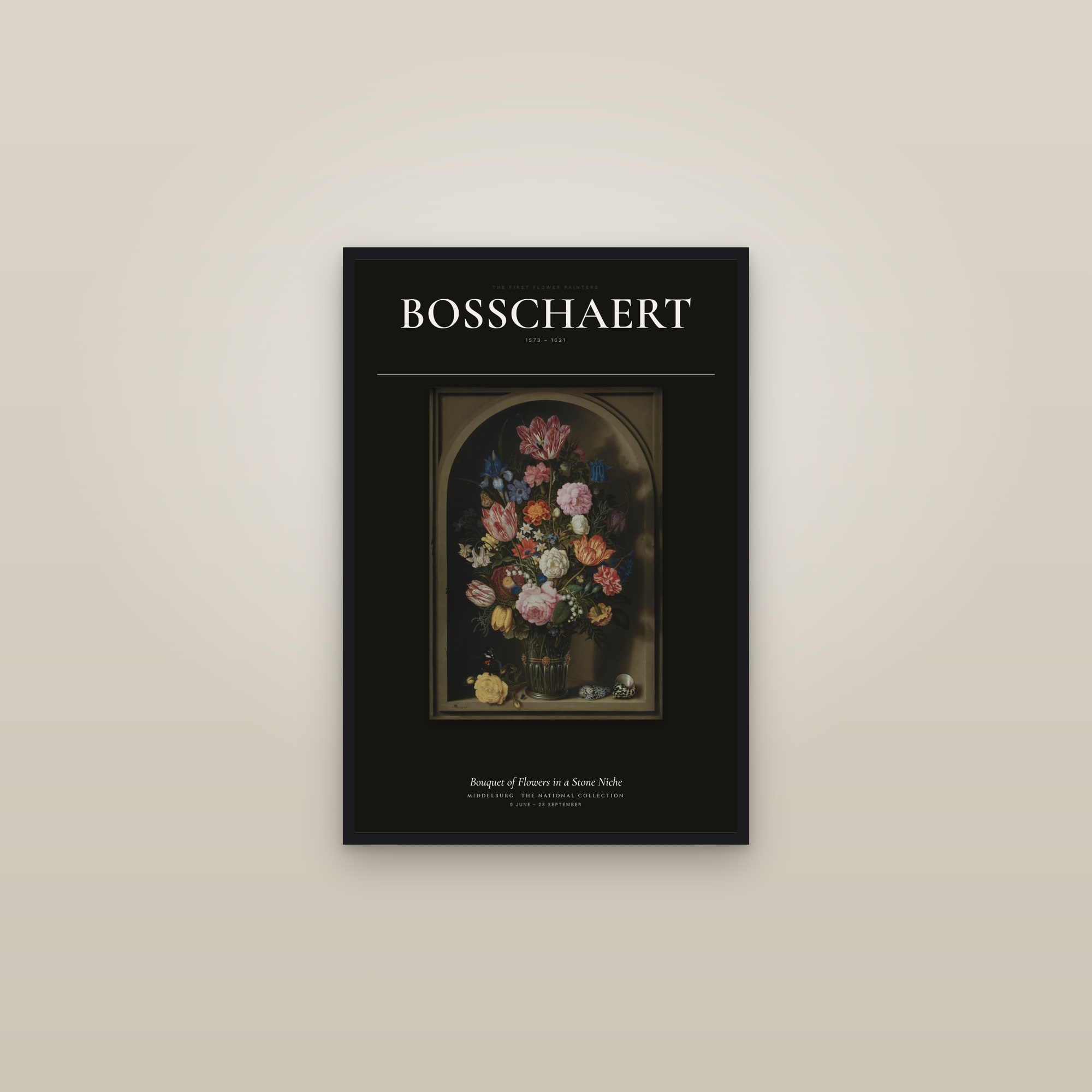 Bouquet of Flowers in a Stone Niche — Exhibition Poster — framed in a gallery setting