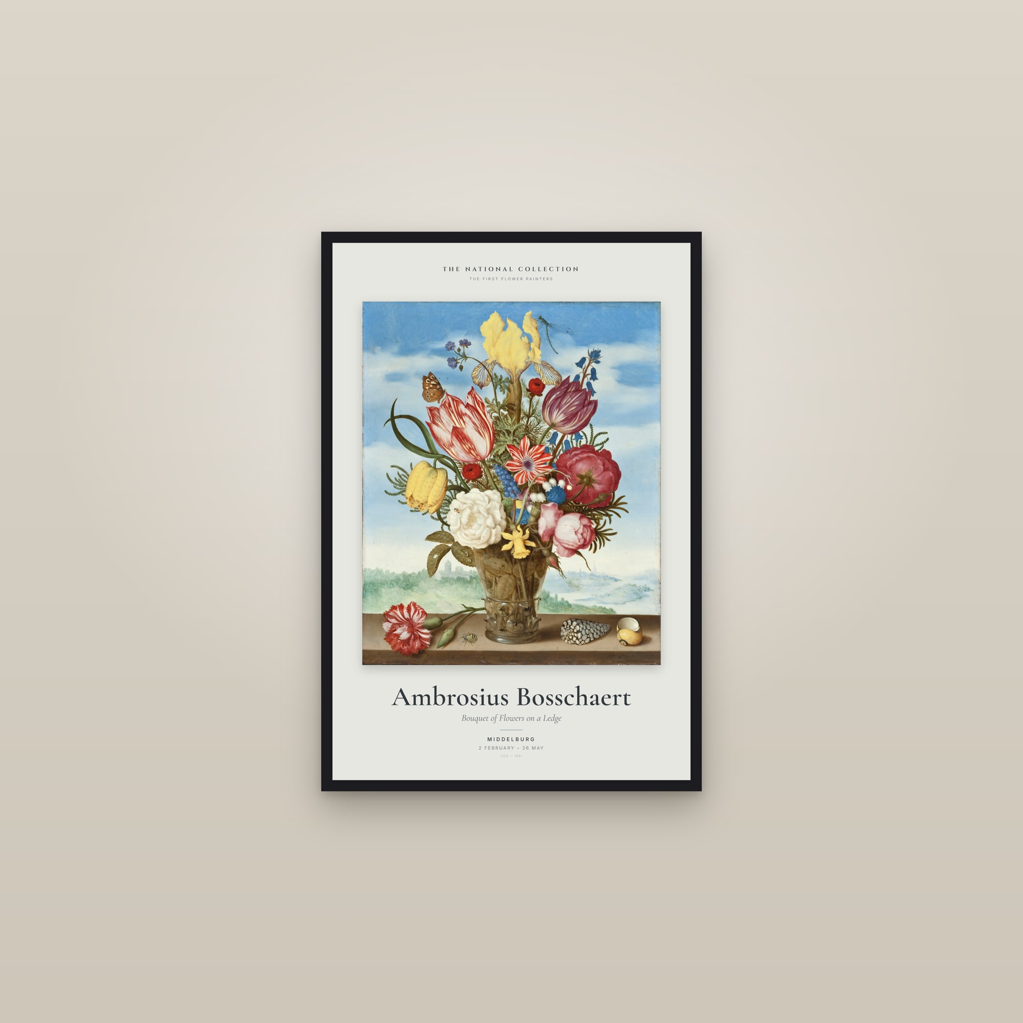 Bouquet of Flowers on a Ledge — Exhibition Poster — framed in a gallery setting