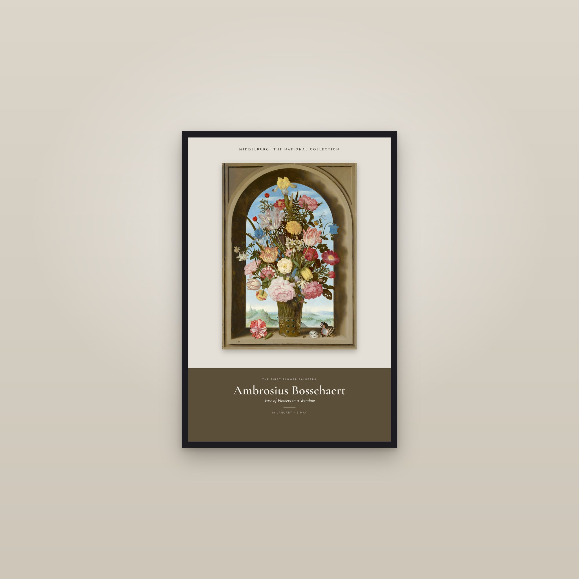 Vase of Flowers in a Window — Exhibition Poster — framed in a gallery setting