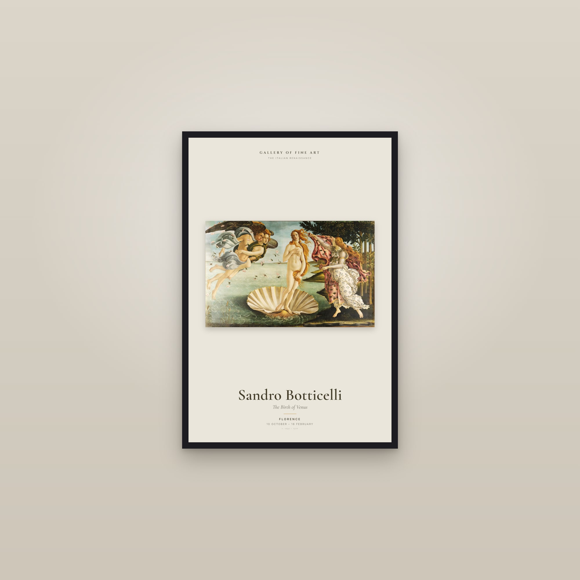The Birth of Venus — Exhibition Poster — framed in a gallery setting