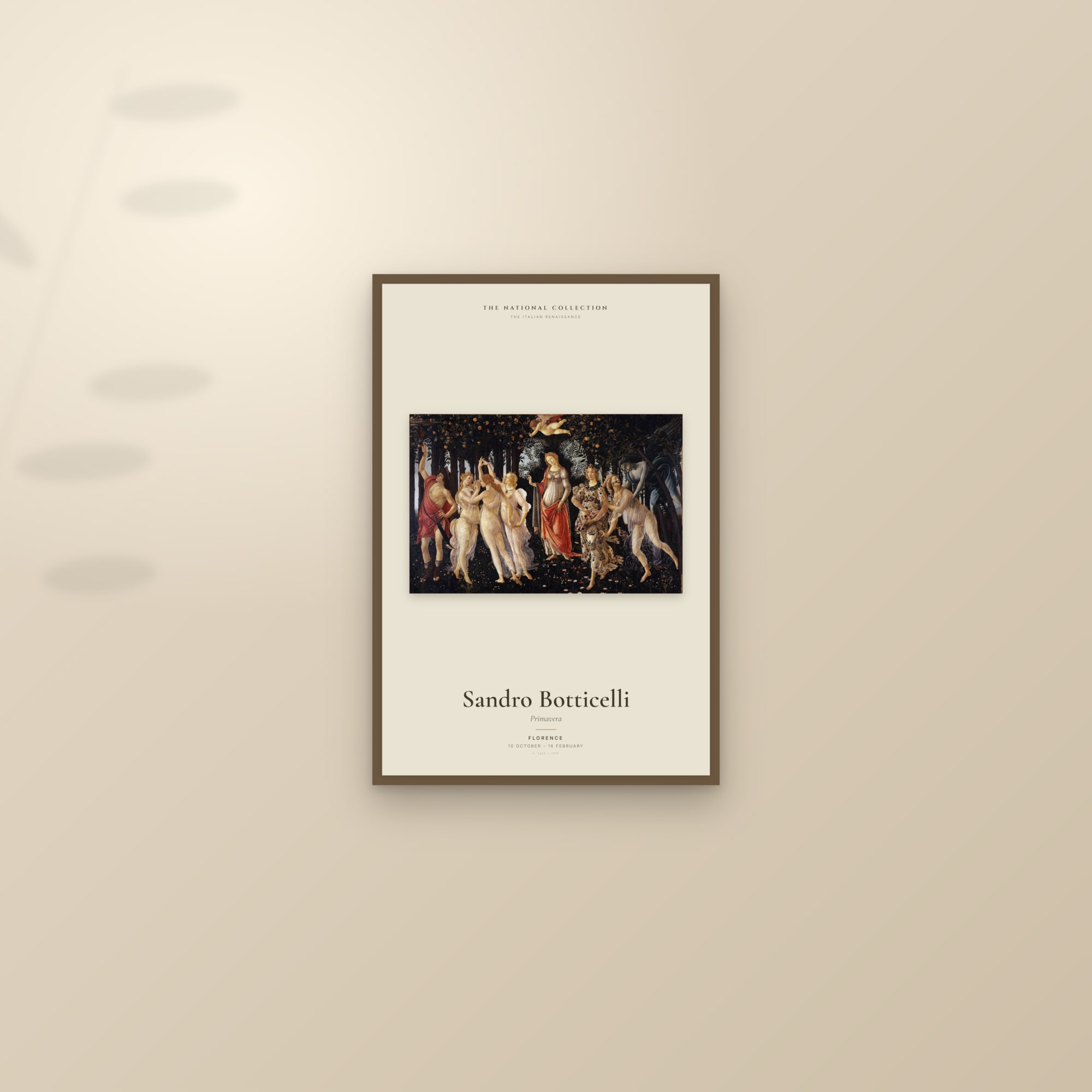 Primavera — Exhibition Poster — framed and styled on a sunlit wall