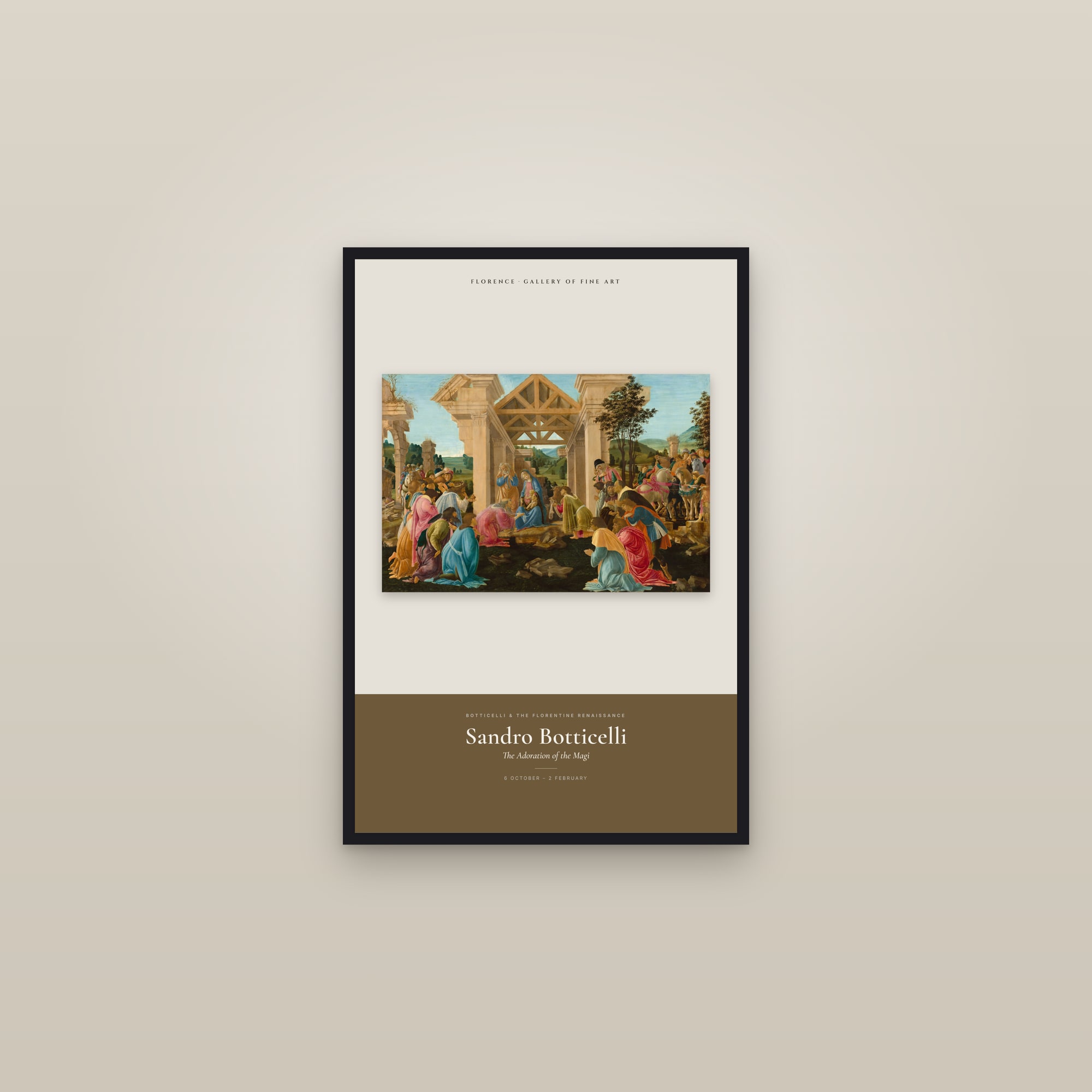 The Adoration of the Magi — Exhibition Poster — framed in a gallery setting